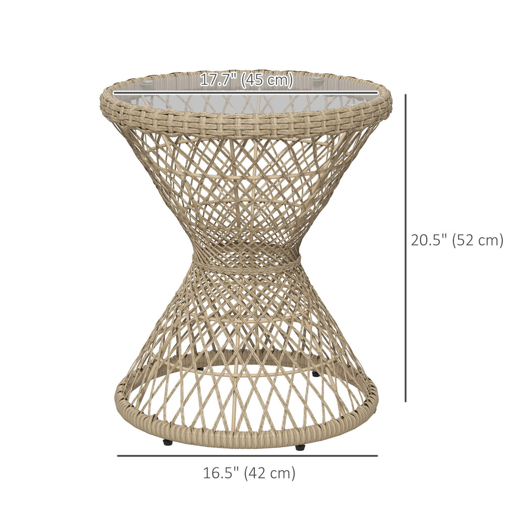 Wicker Outdoor Coffee Table, 18" Round Drum-Style Outdoor Patio Table with Tempered Glass Top, Light Brown