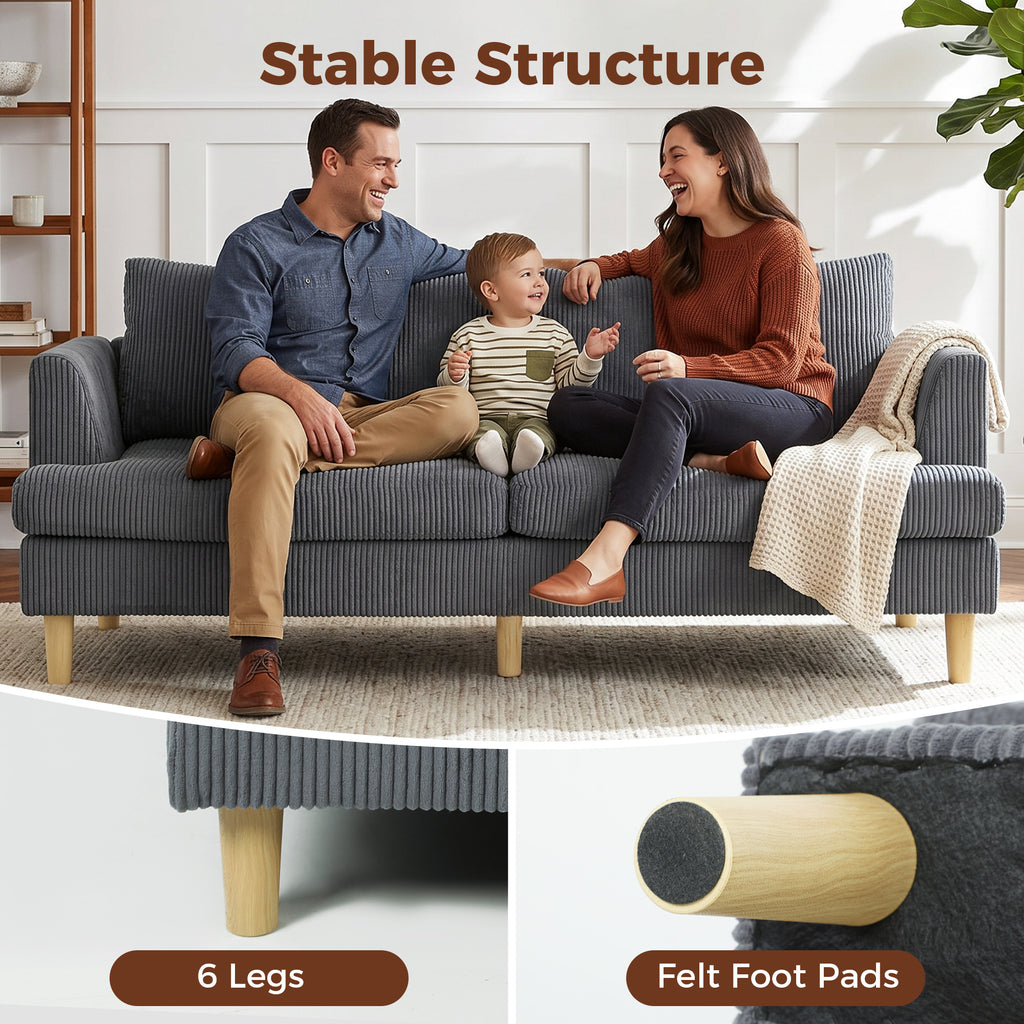 3 Seater Sofa, 74" Modern Corduroy Upholstered Couch with Thick Spring Cushions, Solid Wood Legs, Armrests, Dark Grey