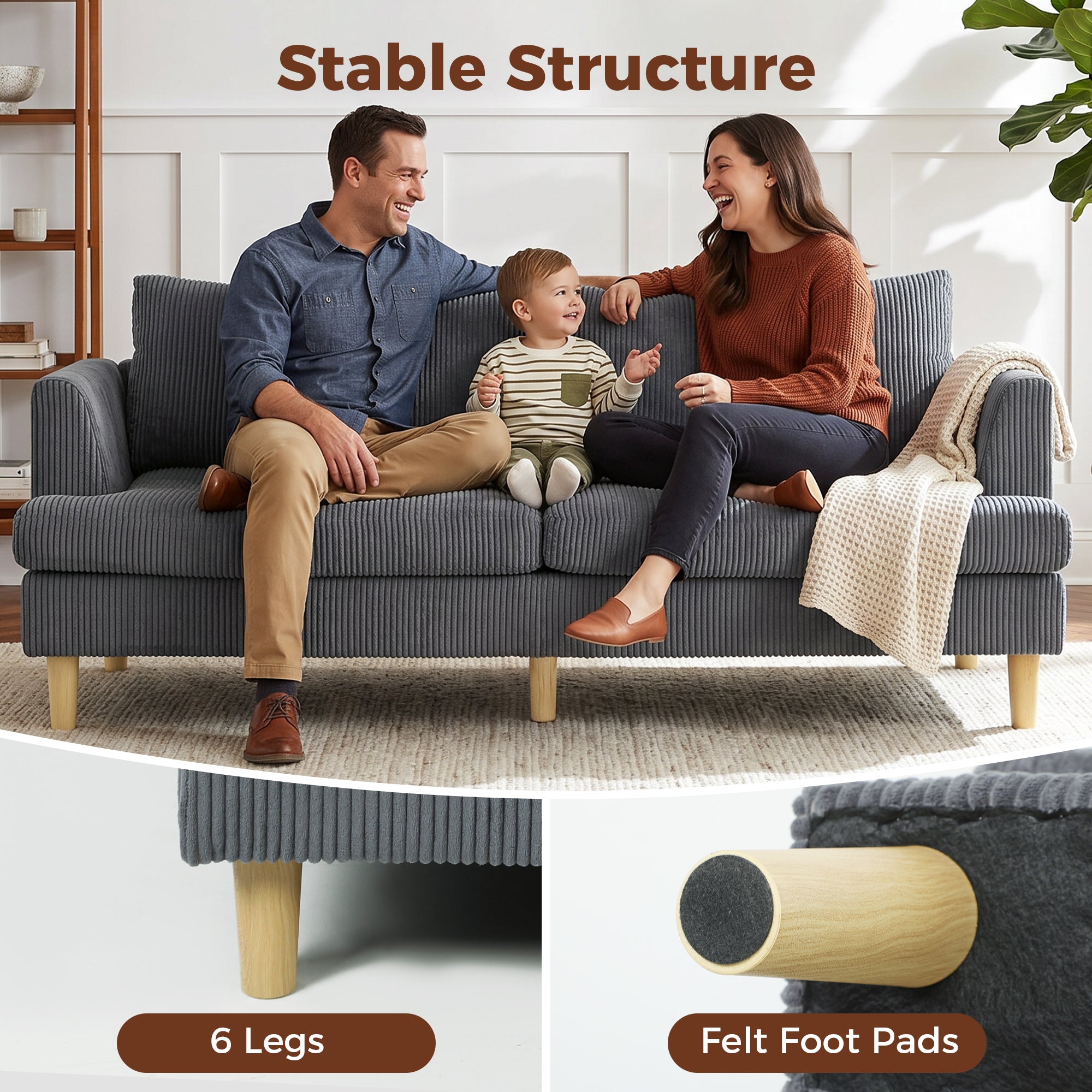 3 Seater Sofa, 74" Modern Corduroy Upholstered Couch with Thick Spring Cushions, Solid Wood Legs, Armrests, Dark Grey