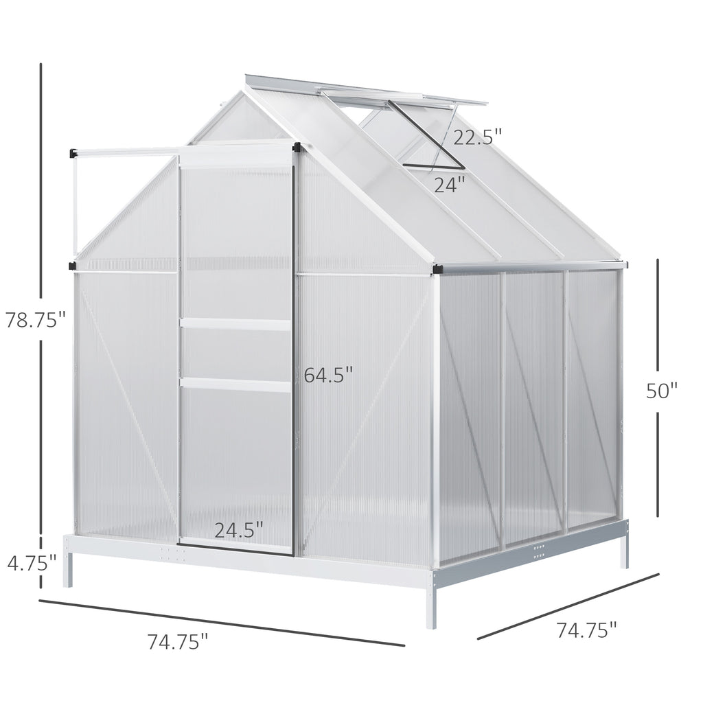 6' x 6' x 6.5' Polycarbonate Greenhouse, Walk-in Green House with Adjustable Roof Vent, Galvanized Base, Sliding Door and Rain Gutter for Outdoor, Garden, Backyard, Clear
