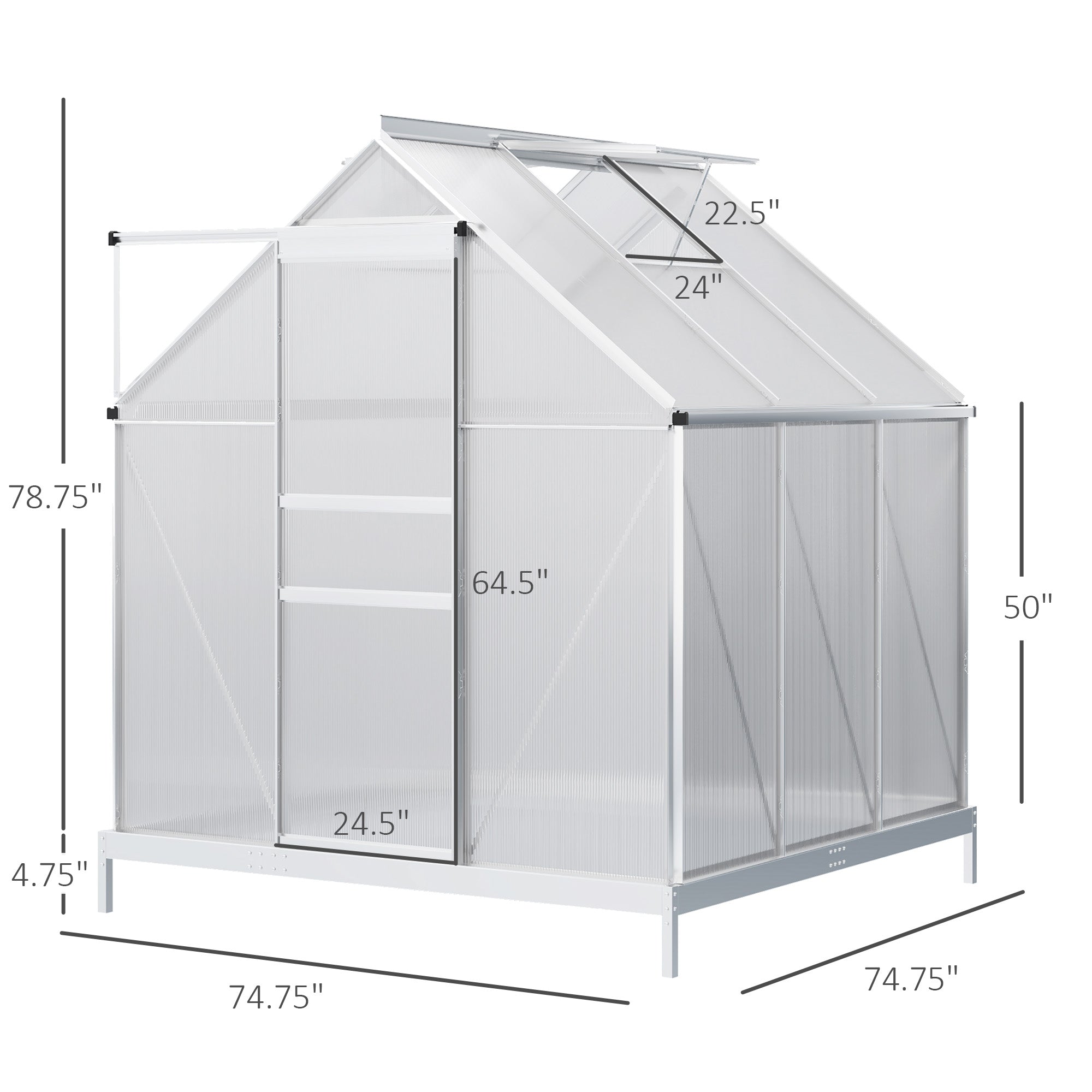 6' x 6' x 6.5' Polycarbonate Greenhouse, Walk-in Green House with Adjustable Roof Vent, Galvanized Base, Sliding Door and Rain Gutter for Outdoor, Garden, Backyard, Clear