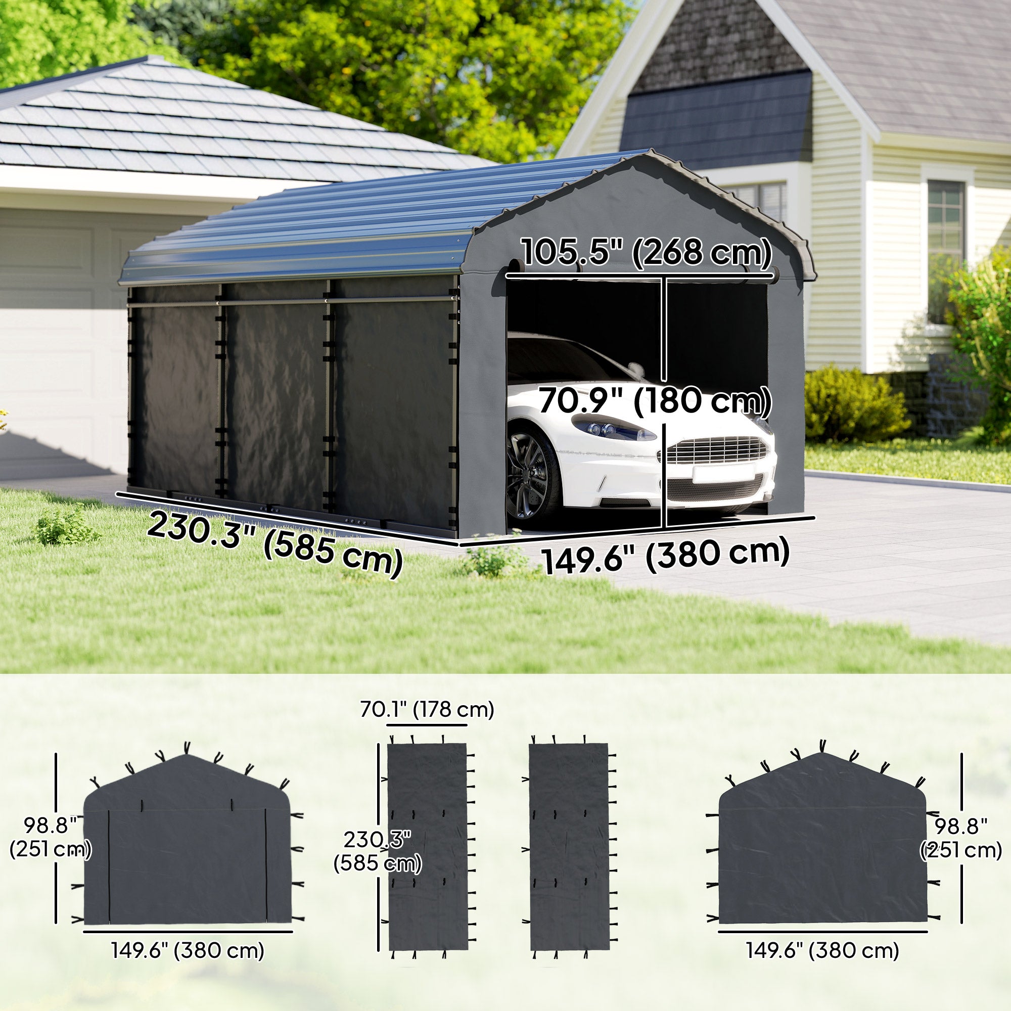 Carport Replacement Canopy Cover Sidewalls for 12' x 20' Carport, UPF50+ Waterproof Garage Car Shelter Tarp, Dark Grey
