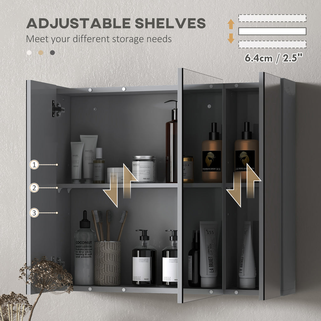 28" x 24" Wall Mounted Mirror Cabinet, Bathroom Medicine Cabinet with Mirror, 3 Doors and Adjustable Shelves, Grey