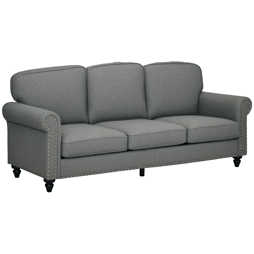 3-Seater Sofa Couch, 81" Modern Upholstered Linen Fabric Sofa with Rubberwood Legs, Nailhead Trim and Rolled Arms for Living Room, Bedroom and Apartment, Grey