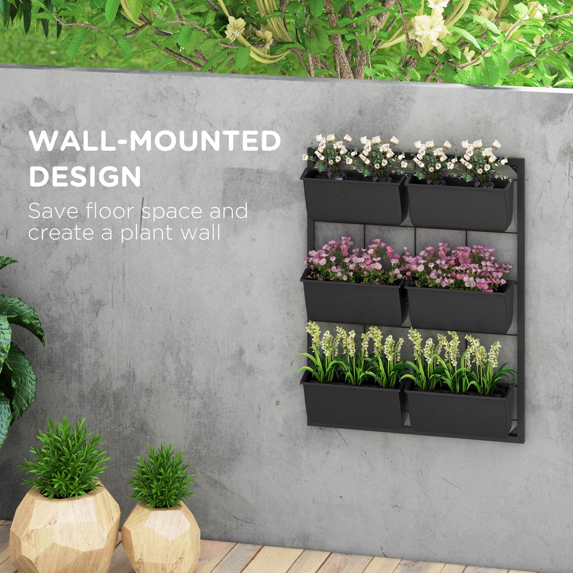 3-Tier Wall Planter with 6 Pots for Indoor and Outdoor Use, Hanging Plant Holder, Self Draining Wall Mounted Planter