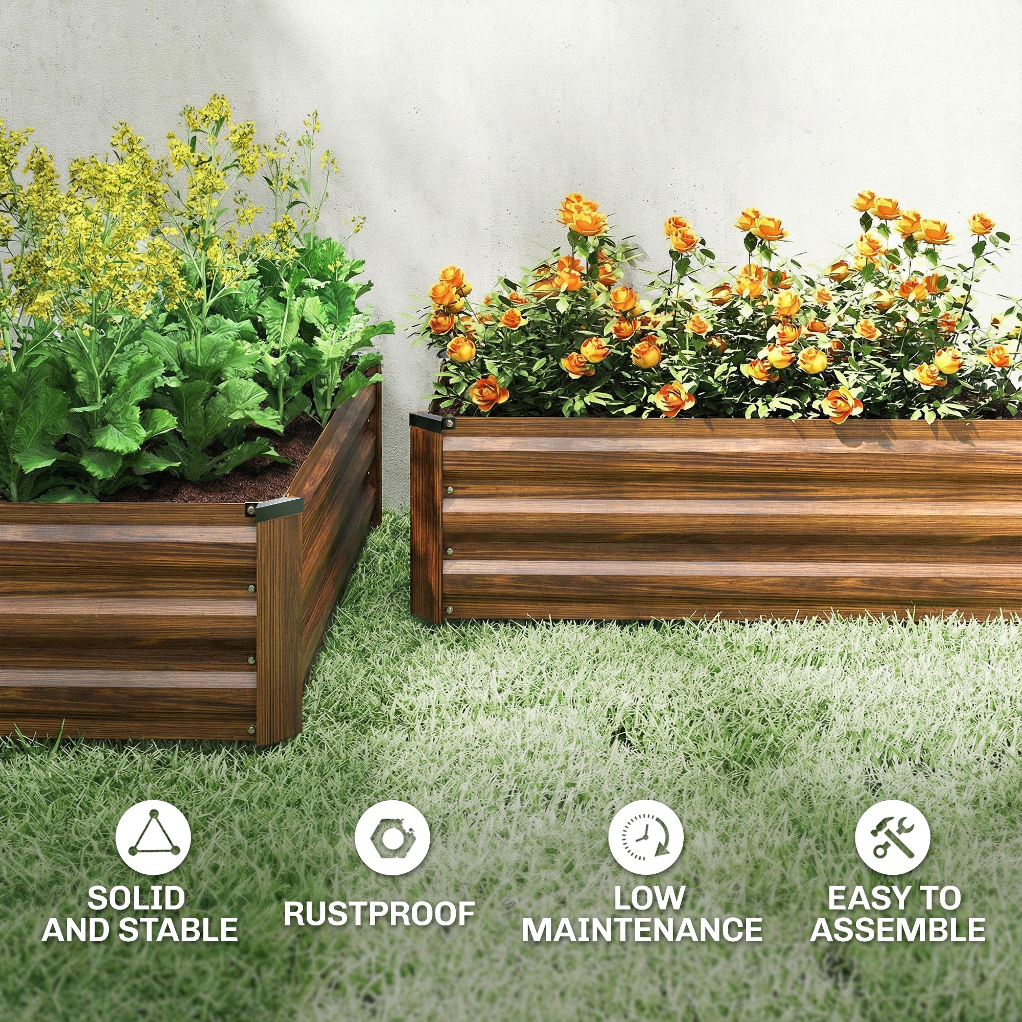 Set of 2 Galvanized Raised Beds for Garden, Outdoor Planter Box for Flowers, Herbs and Vegetables, Dark Brown
