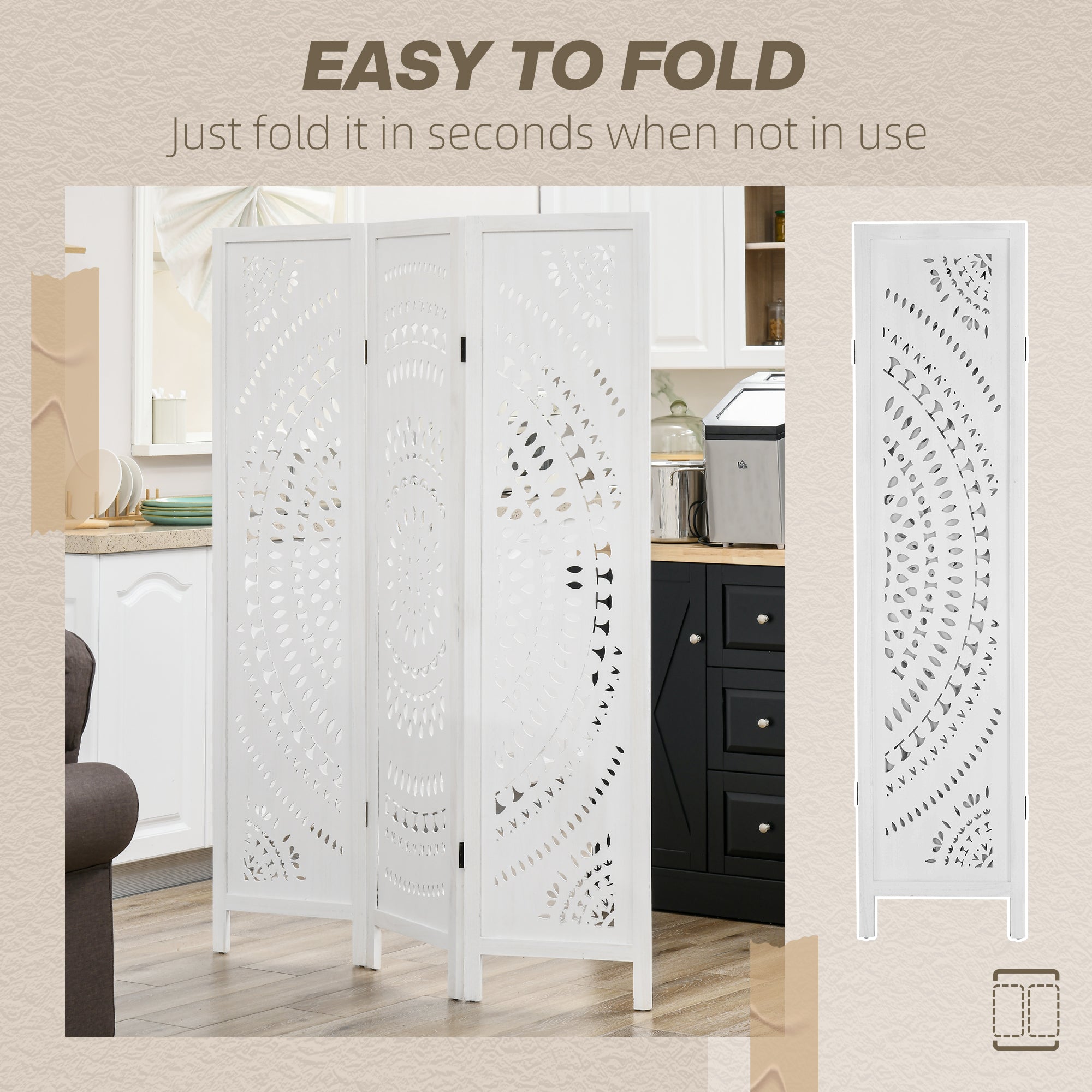 3 Panel Room Divider, 5.6 Ft Tall Portable Folding Privacy Screen, Wood Partition Wall Divider for Home Office, White