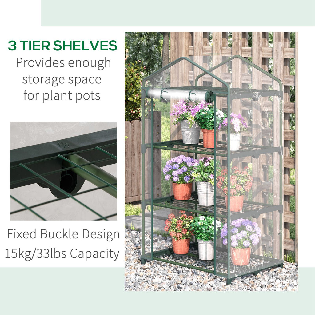 3 Tier Mini Greenhouse, Portable Outdoor Flower Stand with Shelf Clips, Indoor Greenhouse with Plastic Cover and Steel Frame, Transparent, 27" x 19" x 49"