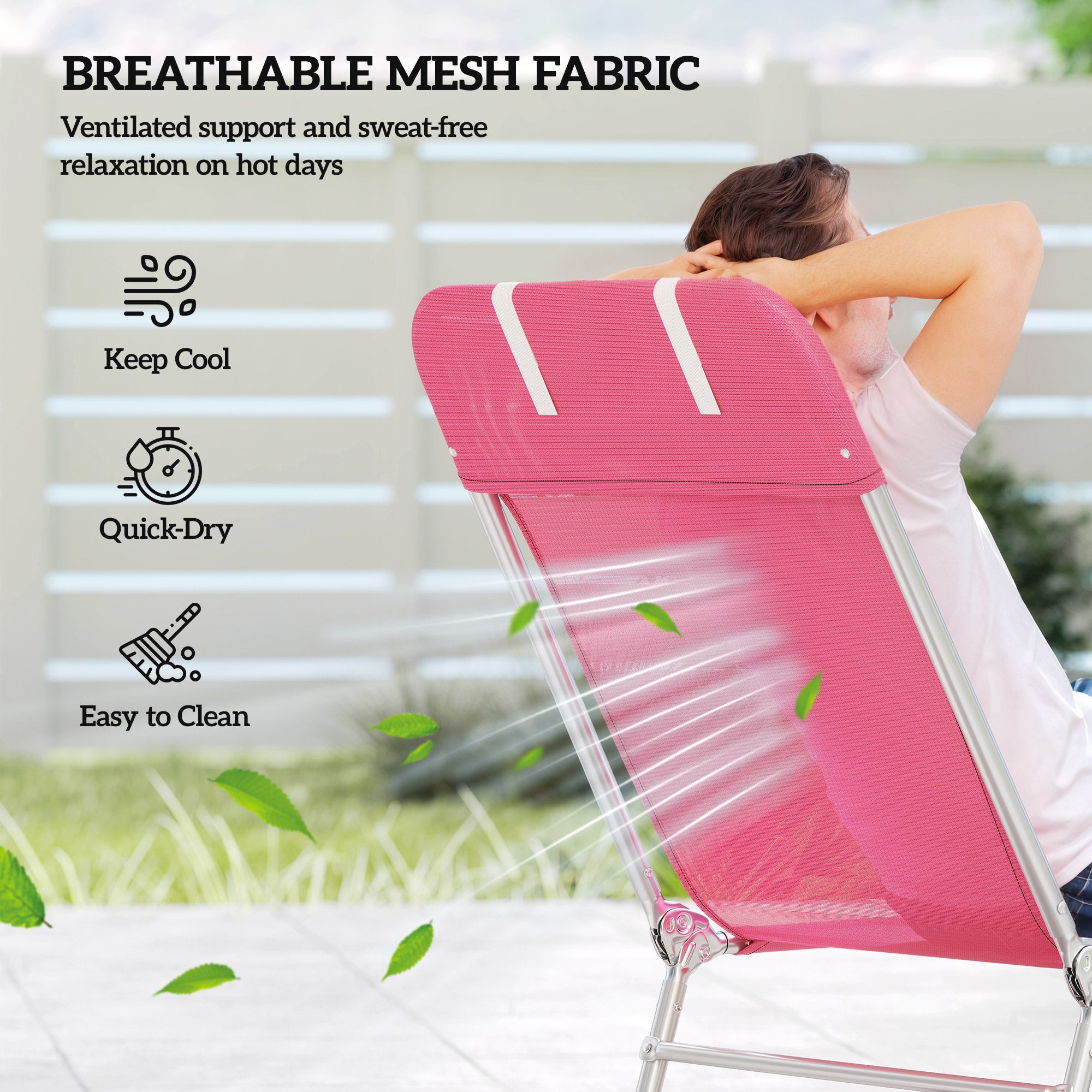 Folding Lounge Chair, Portable Tanning Chair with Adjustable Backrest, Pillow for Beach Poolside Patio, Pink