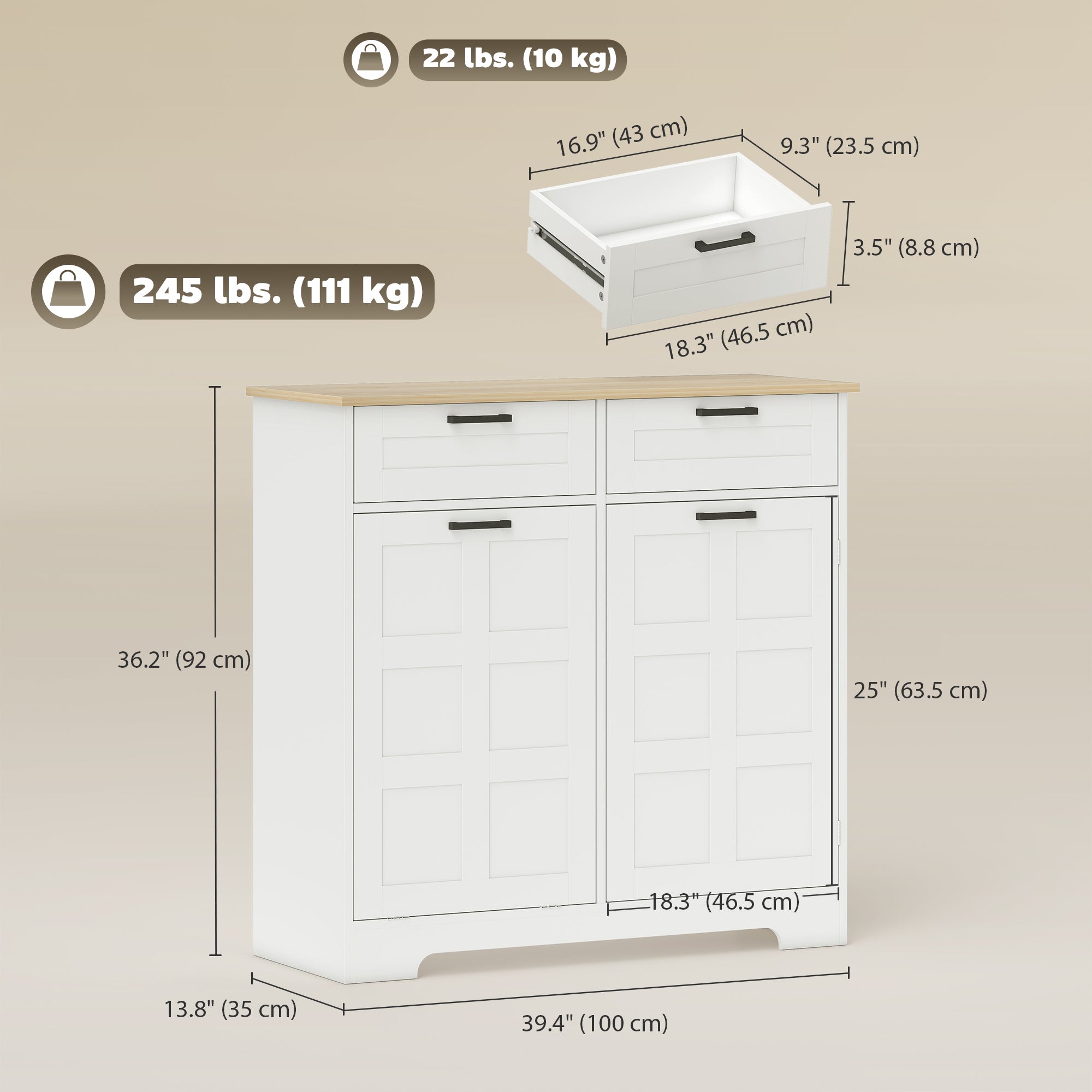 13 Gallon Tilt Out Garbage Cabinet, Kitchen Island with Trash Cabinet, 2 Drawers, Door Racks, Adjustable Shelves, White