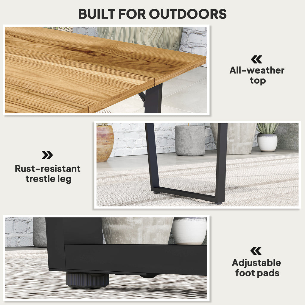 Wooden Outdoor Dining Table for 6 with 2" Umbrella Hole, Slatted Tabletop, Metal Frame, for Yard, Deck, Lawn