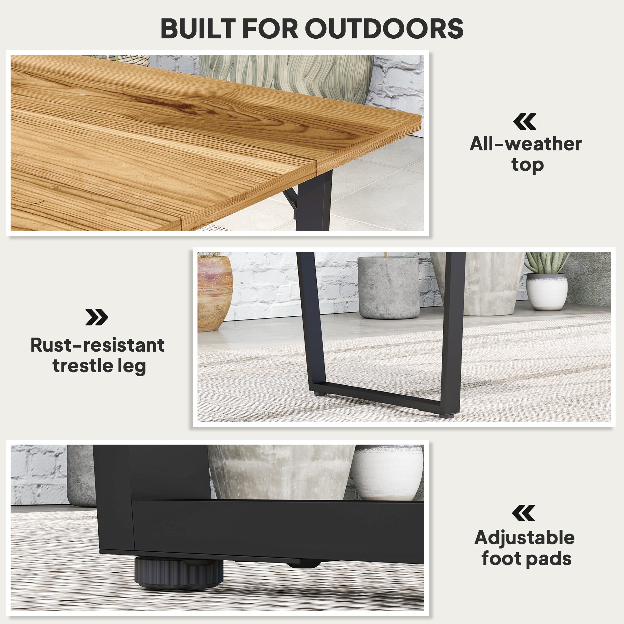 Wooden Outdoor Dining Table for 6 with 2" Umbrella Hole, Slatted Tabletop, Metal Frame, for Yard, Deck, Lawn
