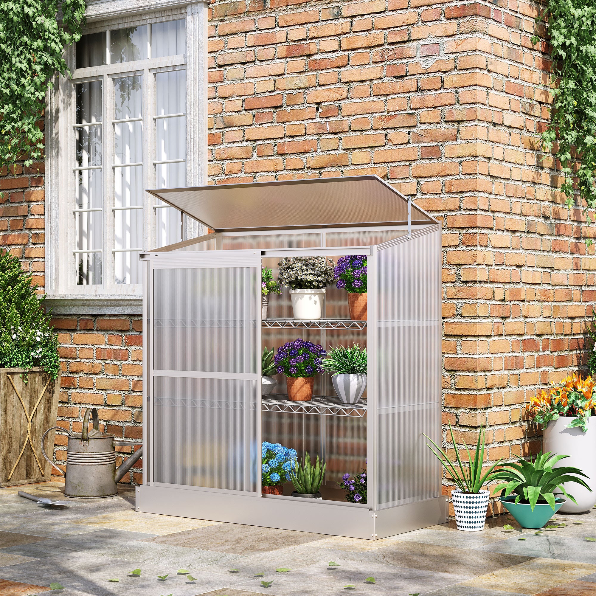 Aluminum Cold Frame Greenhouse, Raised Planter Bed Protection with Openable Top and 2 Shelves for Outdoor Indoor