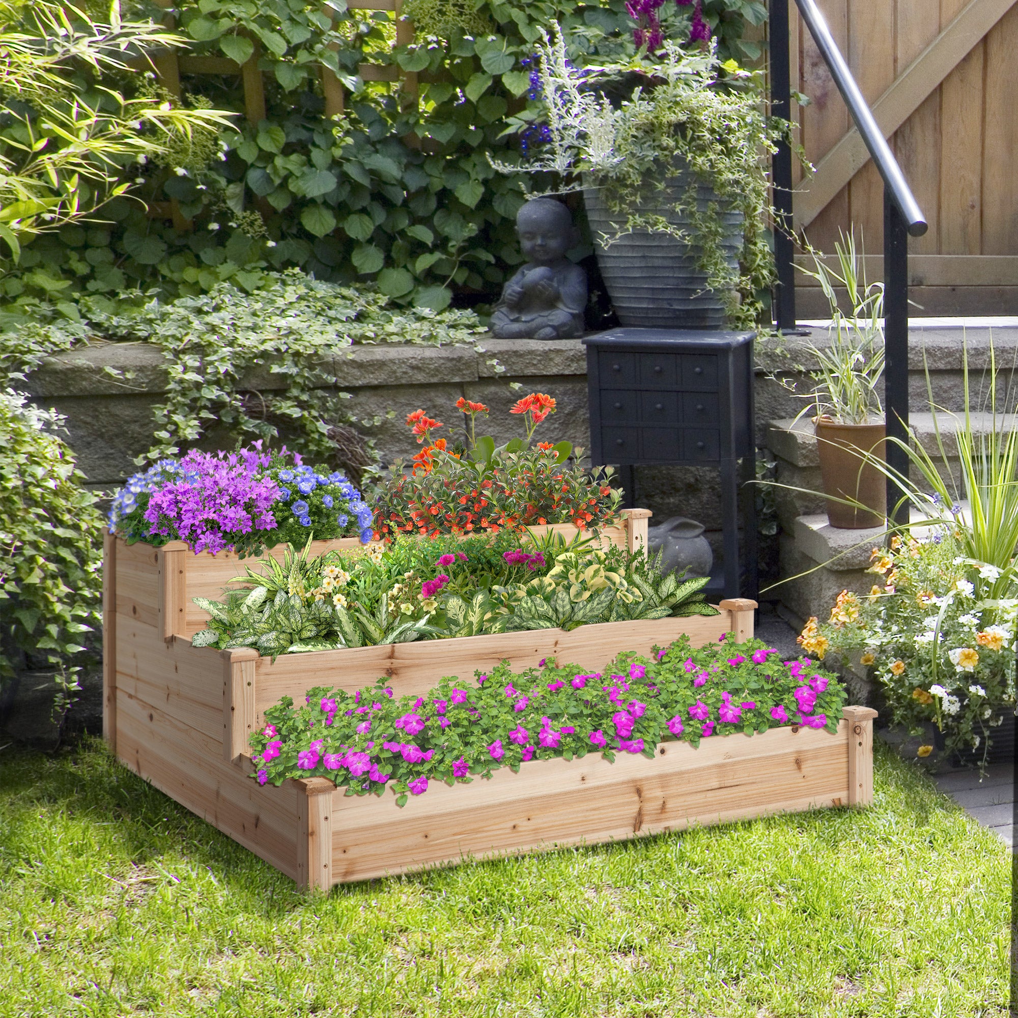 49" x 49" x 22" 3-Tier Raised Garden Bed Wooden Planter Kit Elevated Plant Box Stand for Yard, Patio, Natural