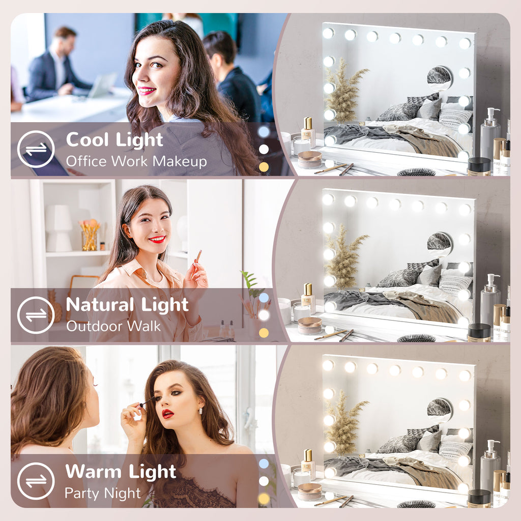 Hollywood Makeup Mirror with Lights, 3 Lighting Modes, USB Charging Port, Tabletop or Wall Mounted, White