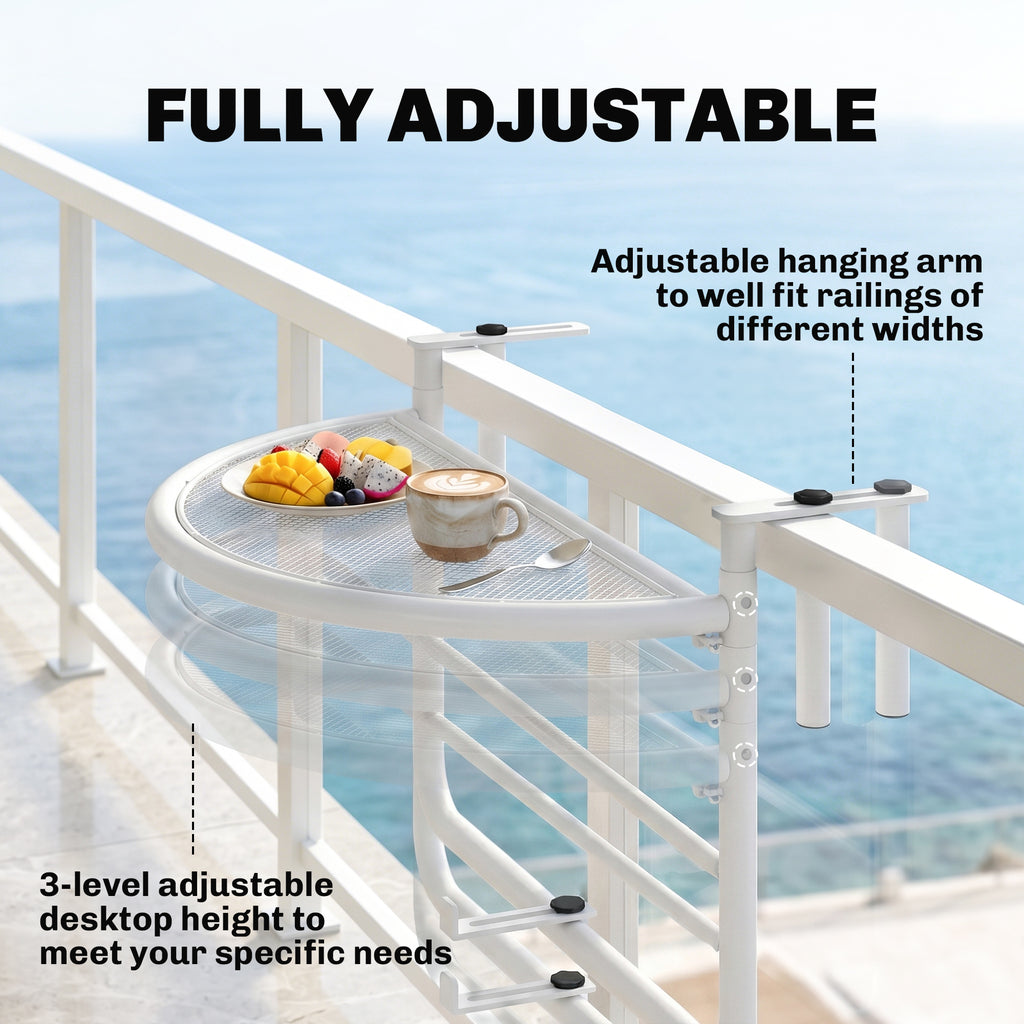 Adjustable Balcony Hanging Railing Table, Metal Mounting Mini Wall Desk Storage Rack, Outdoor Flower Stand Serving Table Half Round, White