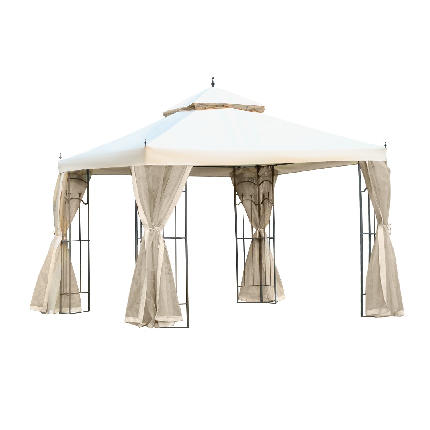10' x 10' Steel Outdoor Patio Gazebo Canopy with Removable Mesh Curtains, Display Shelves, & Steel Frame, Beige