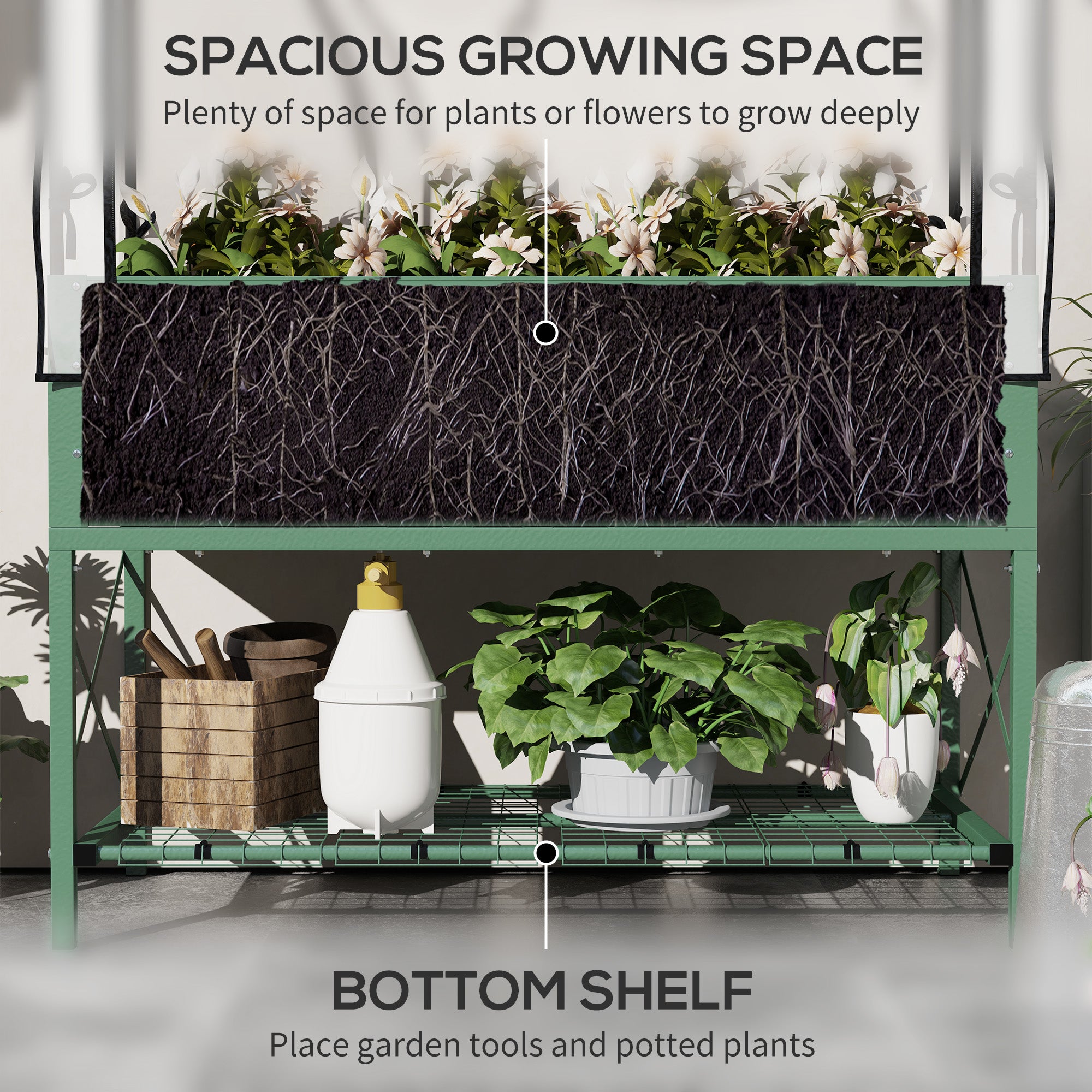 Raised Garden Bed with Cover, Metal Elevated Planter Box with Bottom Shelf and Liner, Green