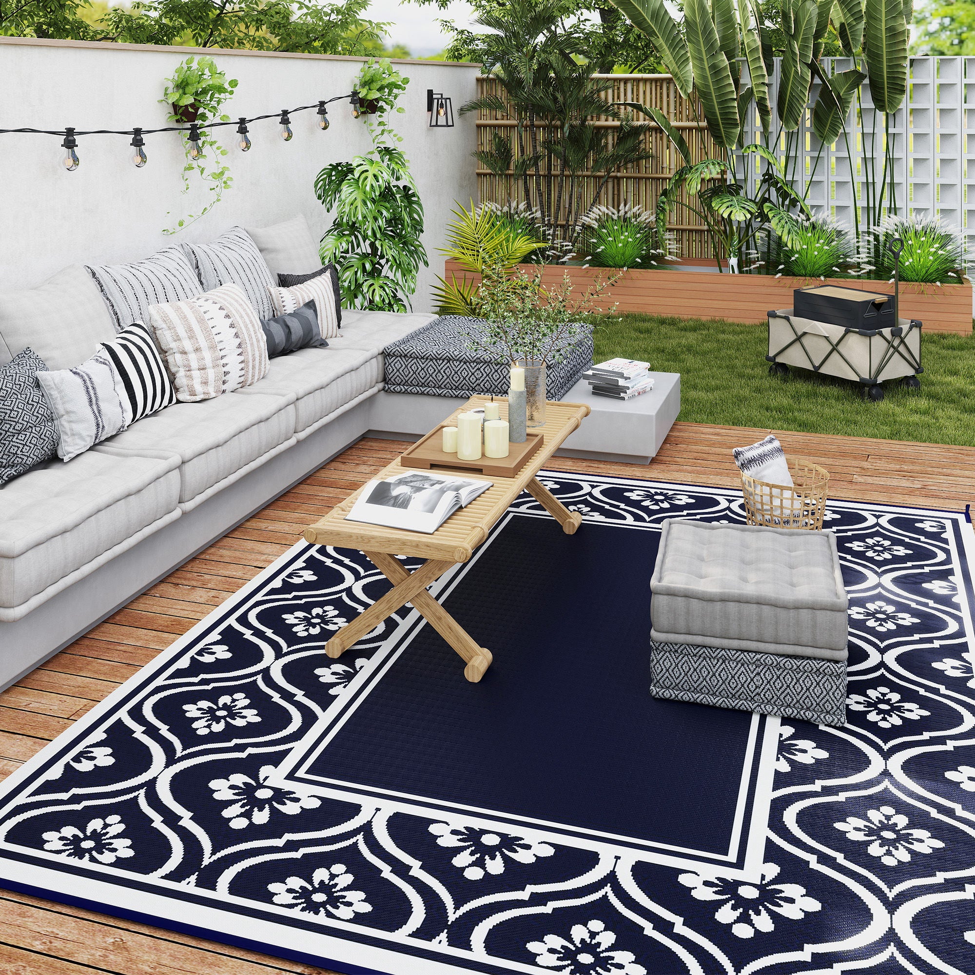 8' x 10' Outdoor RV Rug, Reversible Patio Floor Mat with Carry Bag, Gourd Border, Blue and White