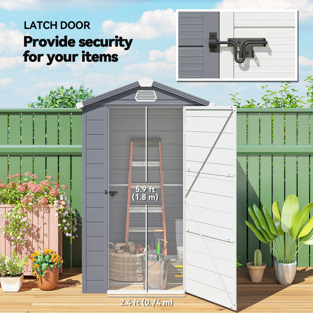 4.4' x 3.3' Plastic Garden Storage Shed with Latch Door, Vents, Sloped Roof, Grey