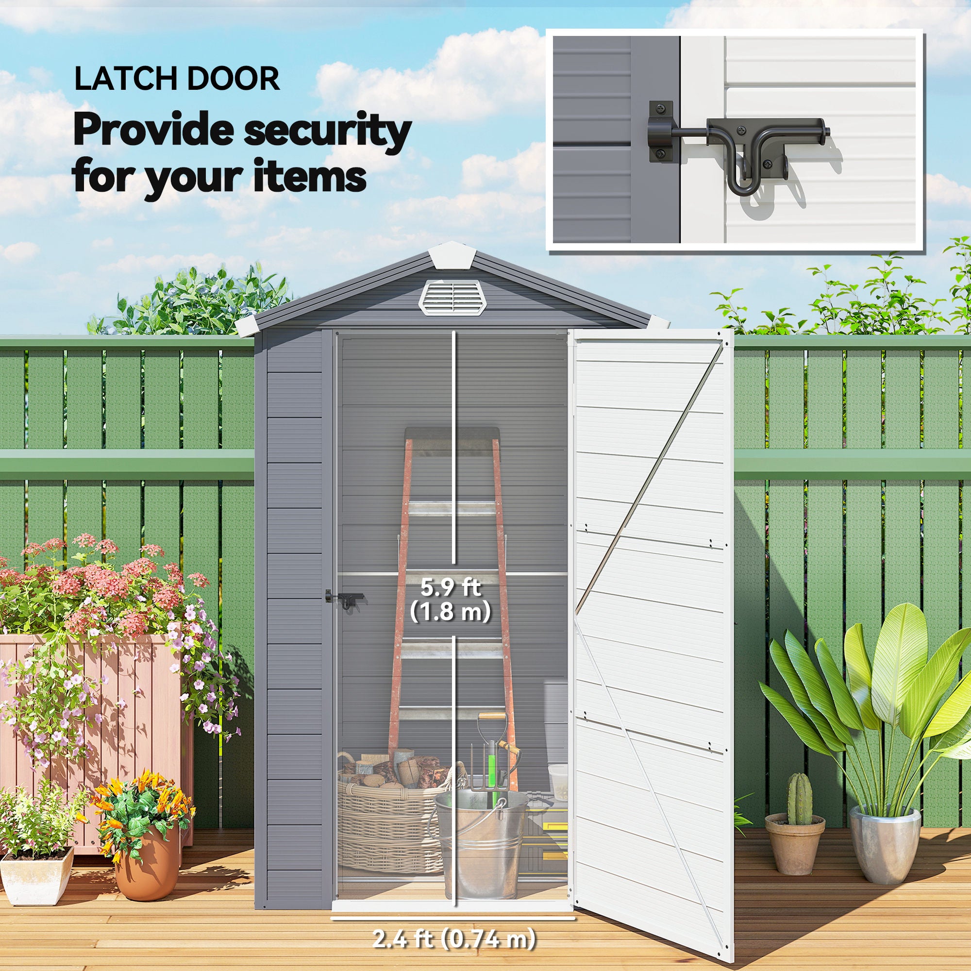 4.4' x 3.3' Plastic Garden Storage Shed with Latch Door, Vents, Sloped Roof, Grey