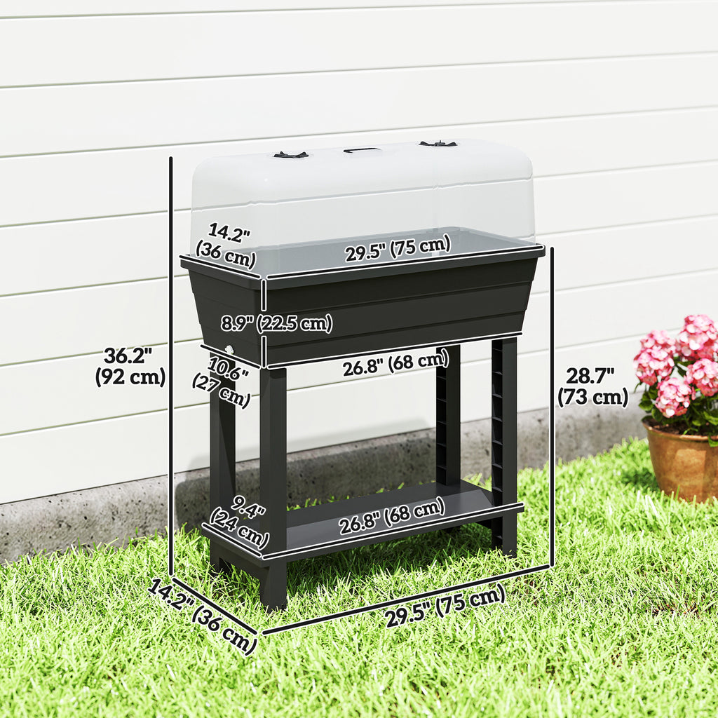 41L Self Watering Raised Garden Bed w/ Ventilation Transparent Lid Greenhouse, Planter Box w/ Storage Shelf, Black