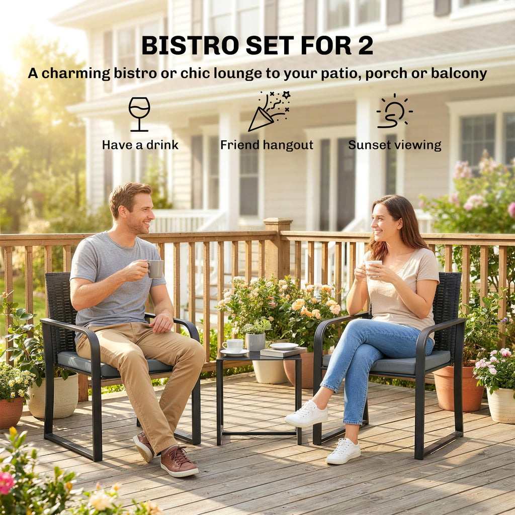 Outdoor Bistro Set, 3 Piece Wicker Patio Furniture with Mesh Seat, Glass Table, Cushions for Porch, Balcony, Grey