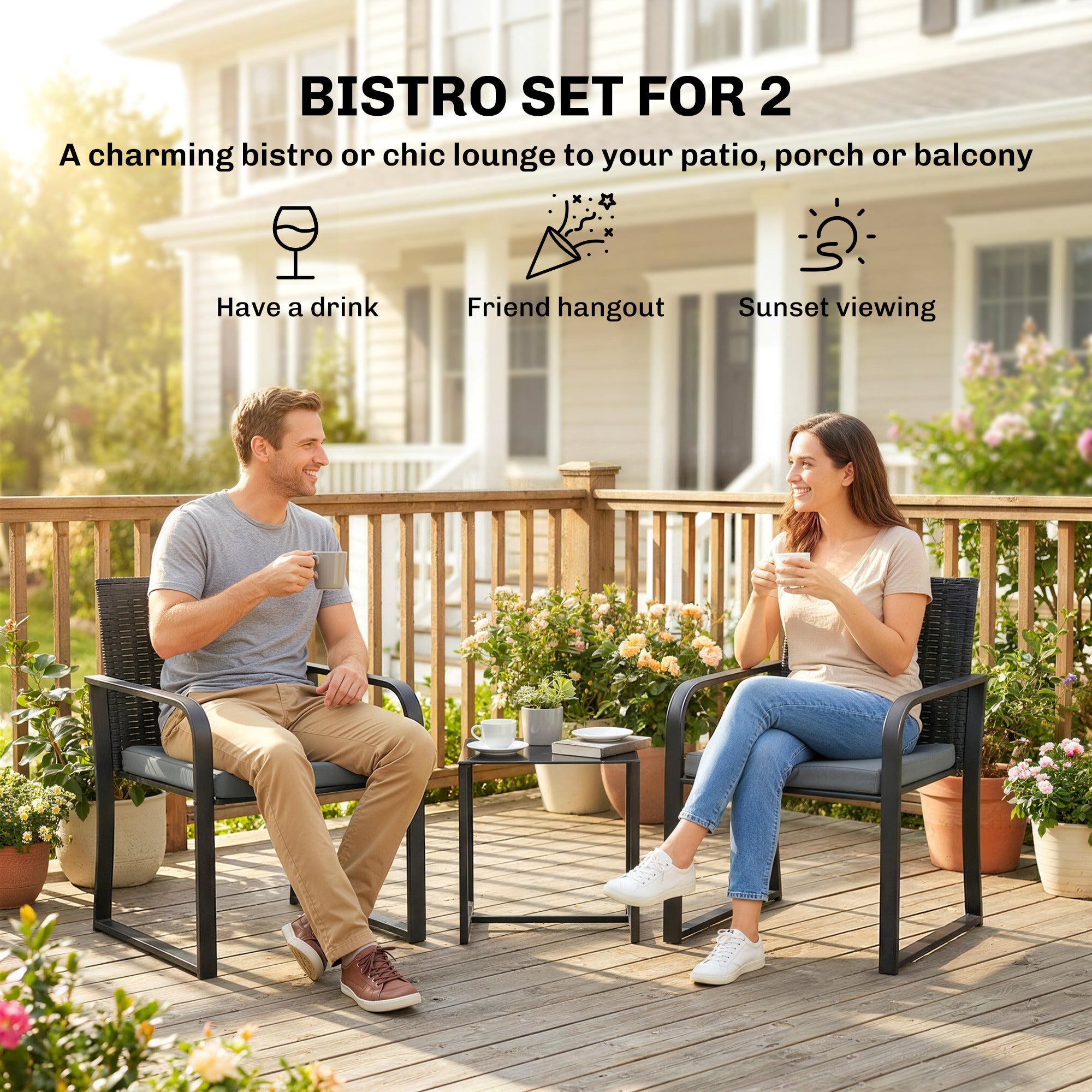 Outdoor Bistro Set, 3 Piece Wicker Patio Furniture with Mesh Seat, Glass Table, Cushions for Porch, Balcony, Grey