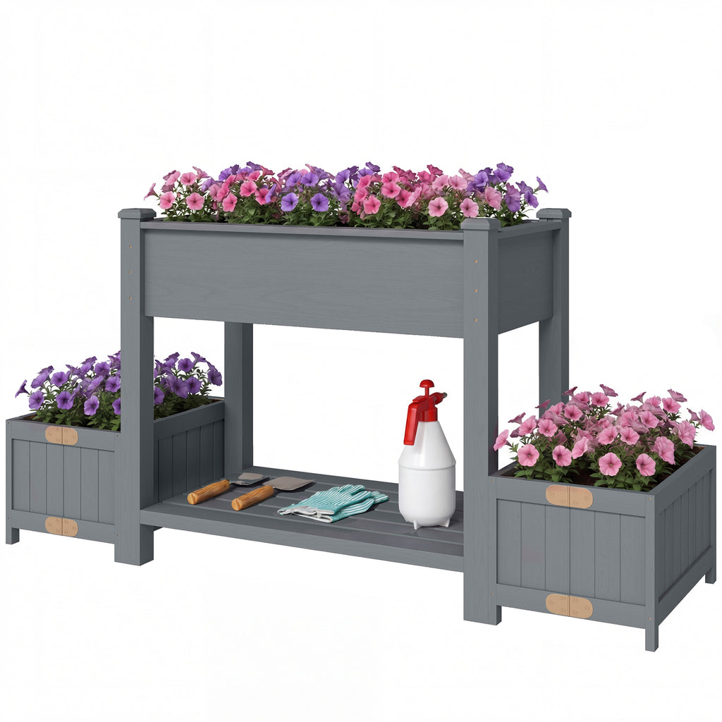 Wooden Raised Garden Bed with 2 Foldable Side Pots, Raised Planter with Storage Shelf and Drainage Holes