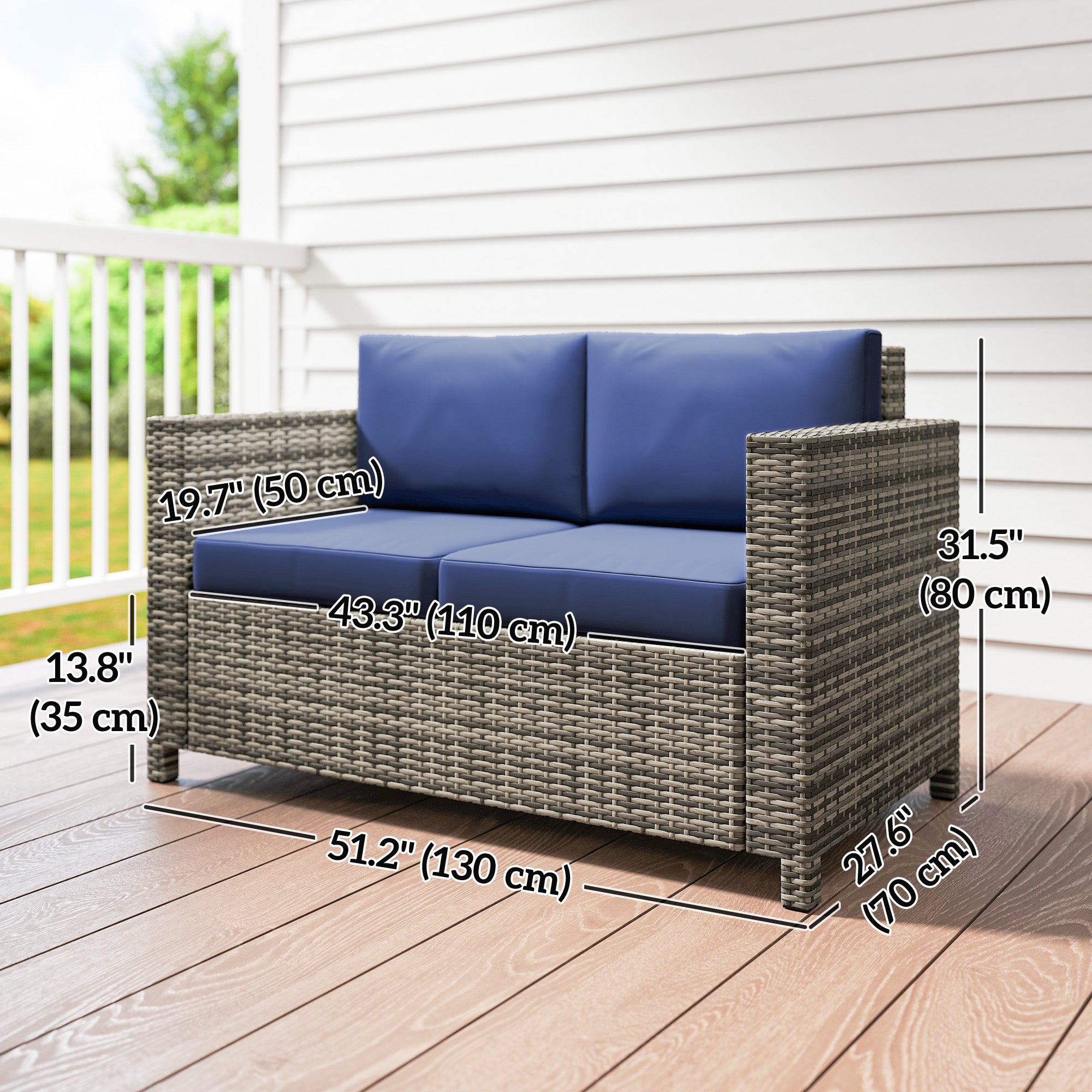 Wicker Outdoor Sofa, All Weather Patio Couch Loveseat with Cushions for Balcony, Deck, Garden, Poolside, Dark Blue