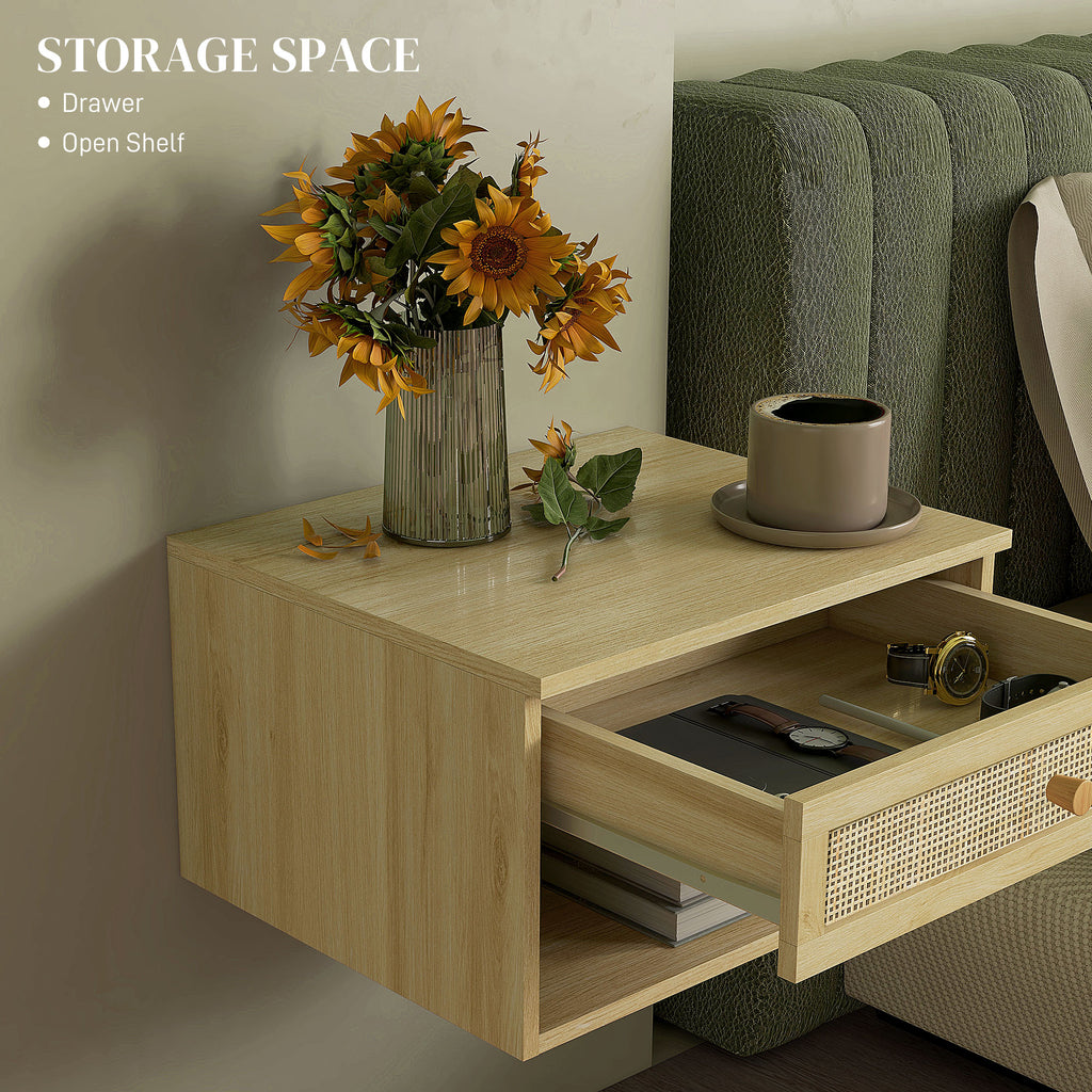 Floating Nightstand Set of 2, Nordic Wall Mounted Bedside Table with Drawer and Open Shelf for Bedroom, Natural Wood