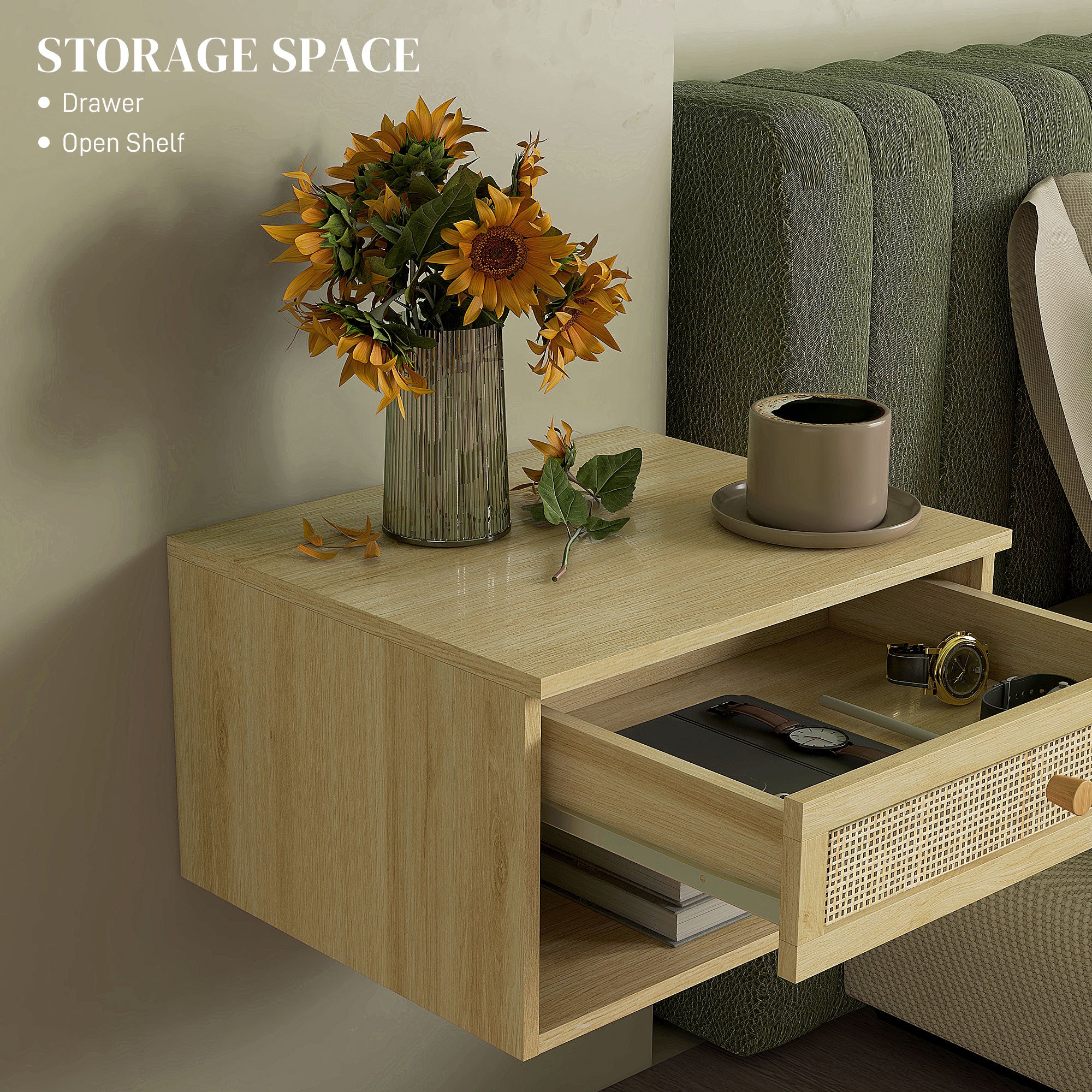 Floating Nightstand Set of 2, Nordic Wall Mounted Bedside Table with Drawer and Open Shelf for Bedroom, Natural Wood