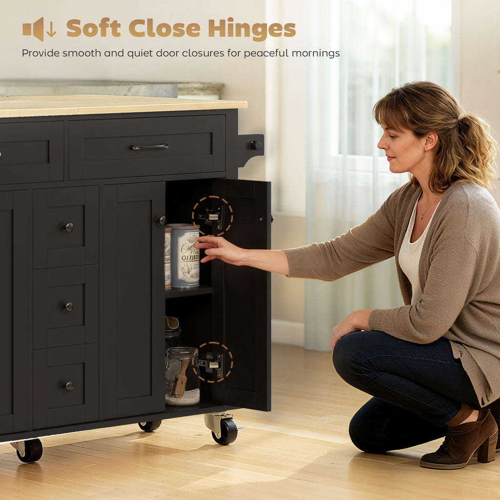 Kitchen Island Cart with Power Outlet & Drop Leaf, 55" Rolling Kitchen Island on Wheels with Storage, Black