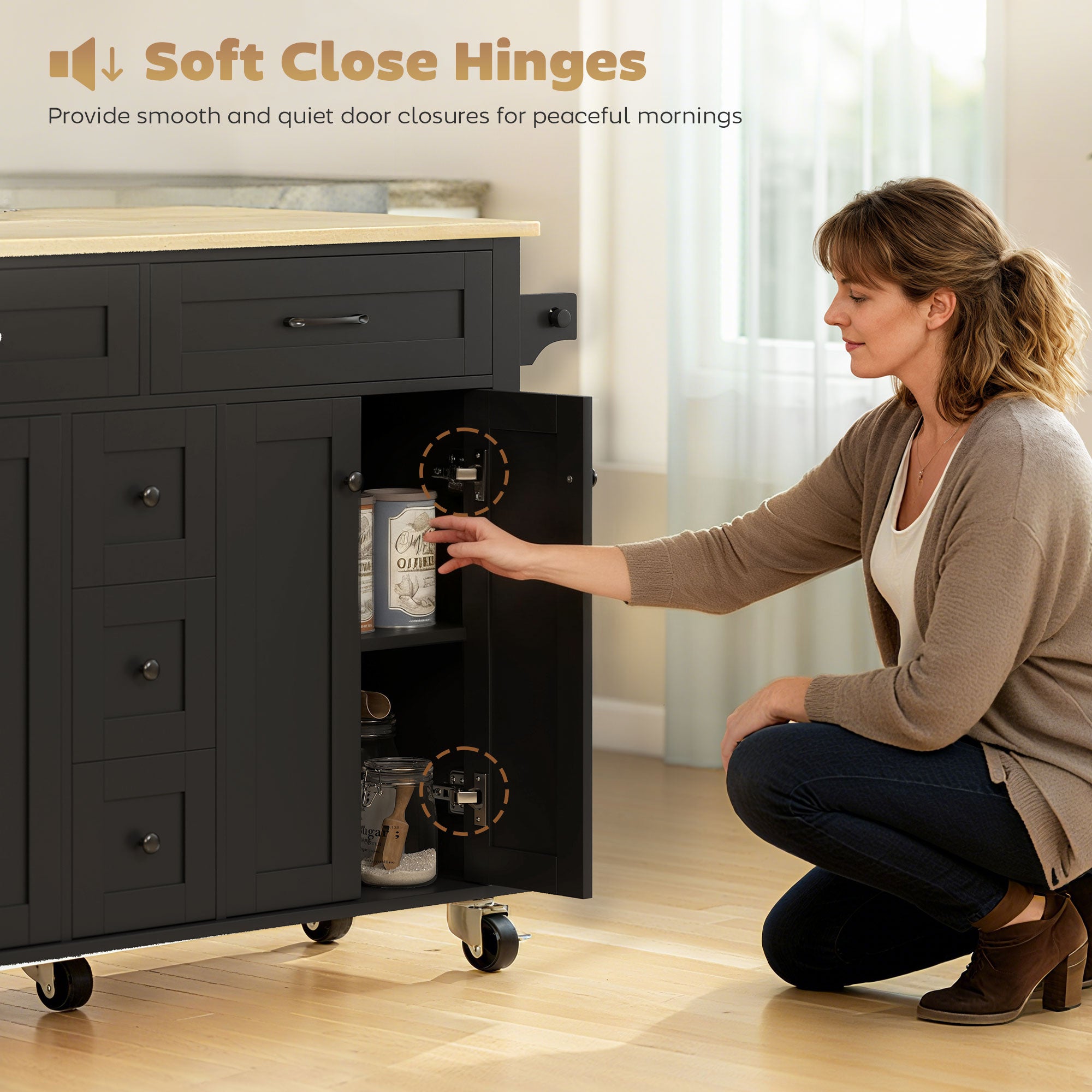 Kitchen Island Cart with Power Outlet & Drop Leaf, 55" Rolling Kitchen Island on Wheels with Storage, Black