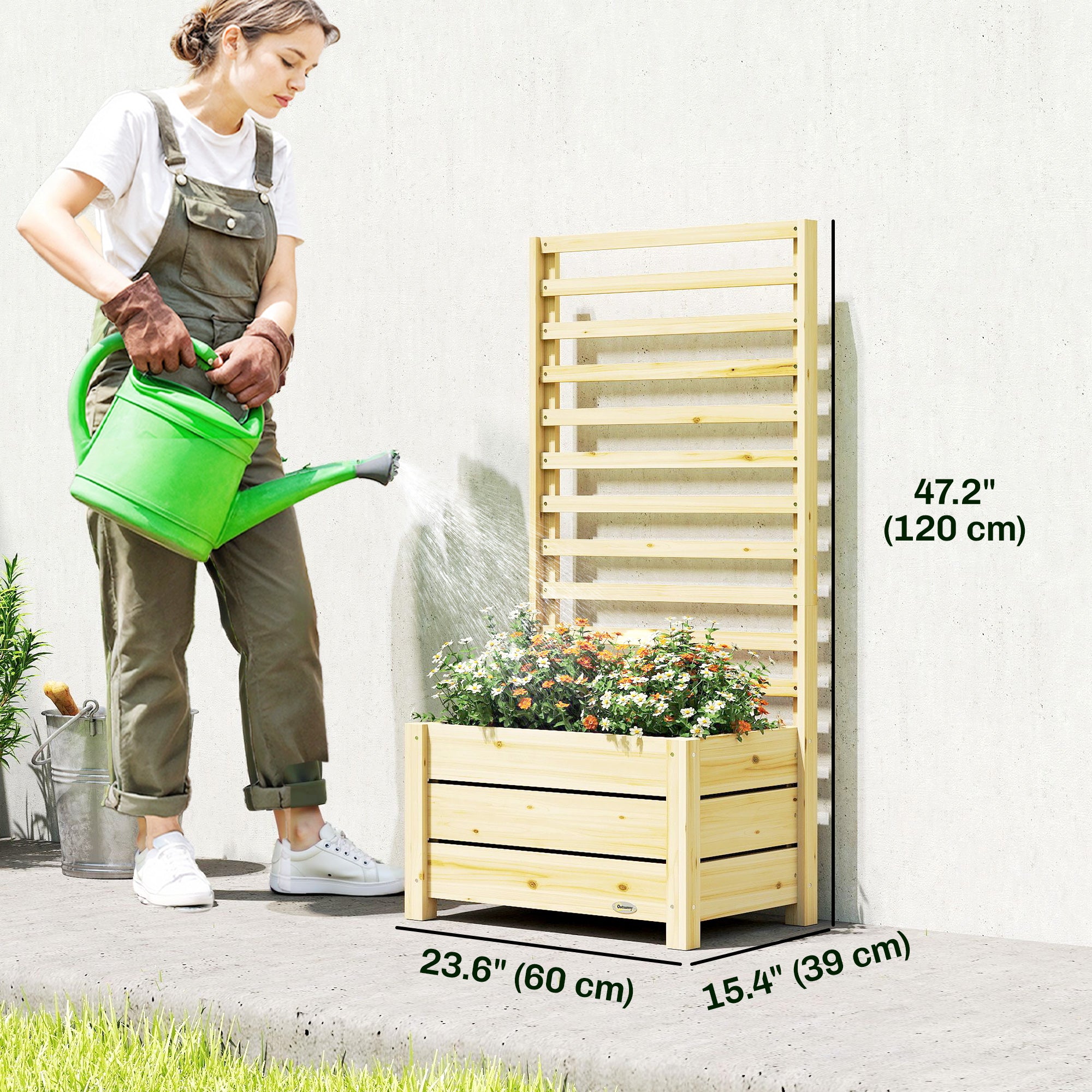 Wooden Raised Garden Bed with Trellis, Outdoor Elevated Planter Box with Drainage Hole and Bed Liner