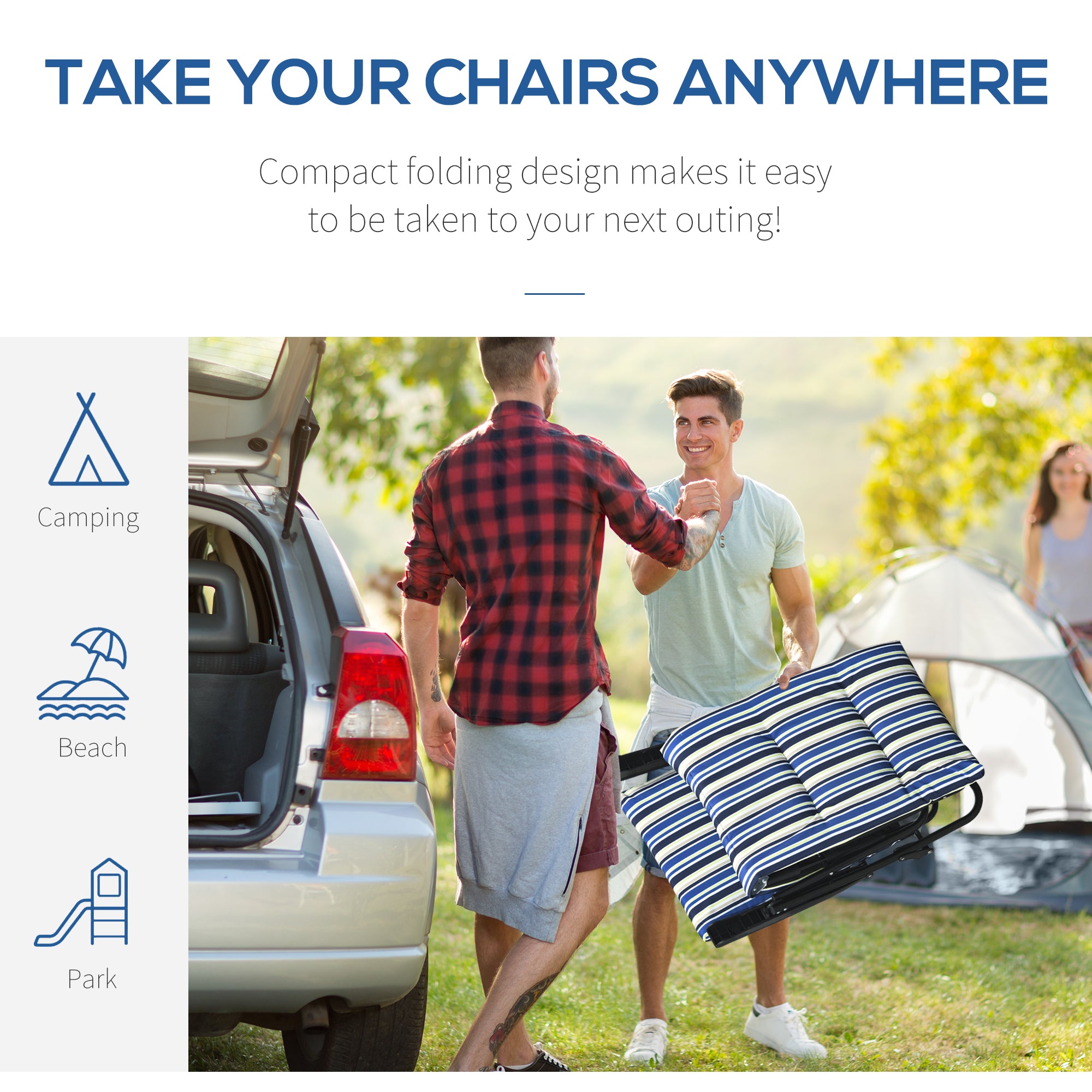 Foldable Lounge Chair, Reclining Patio Sun Lounger with 6-Position Adjustable Back, Blue and White
