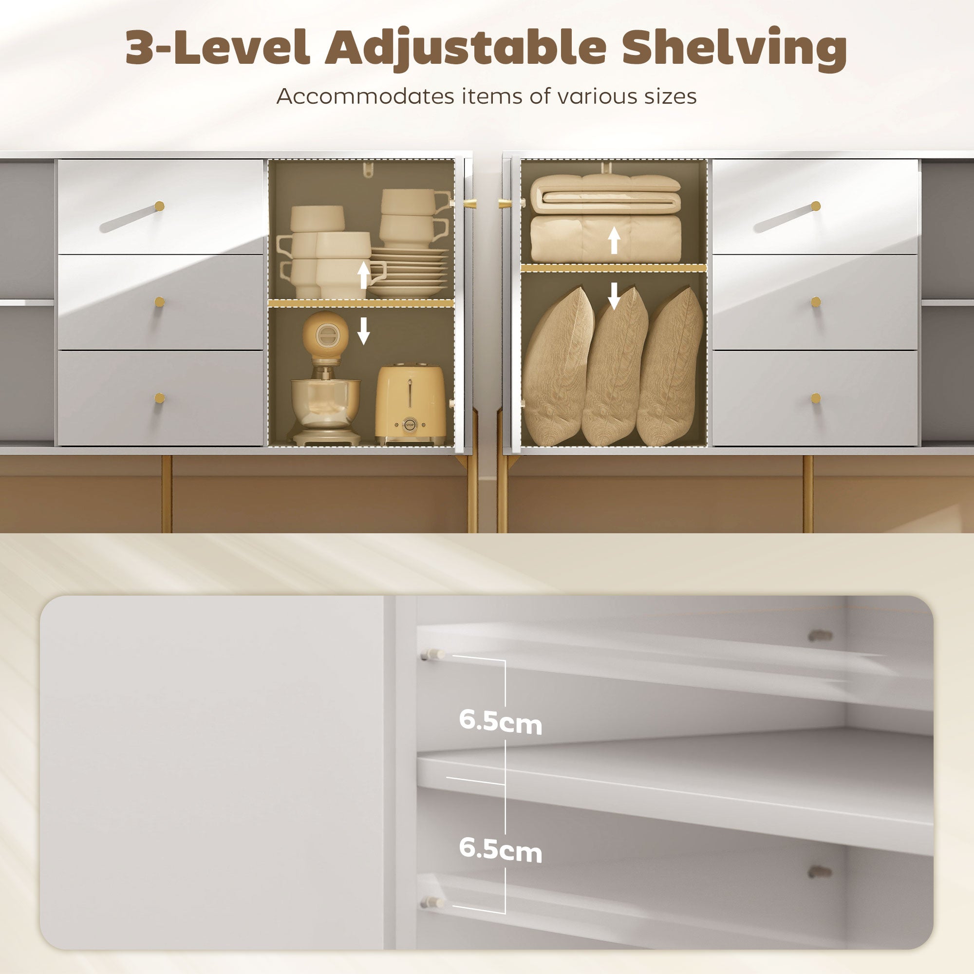 Buffet Cabinet, Modern Sideboard with 3 Soft-Close Drawers and 2 Adjustable Shelves for Living Room, Kitchen, White