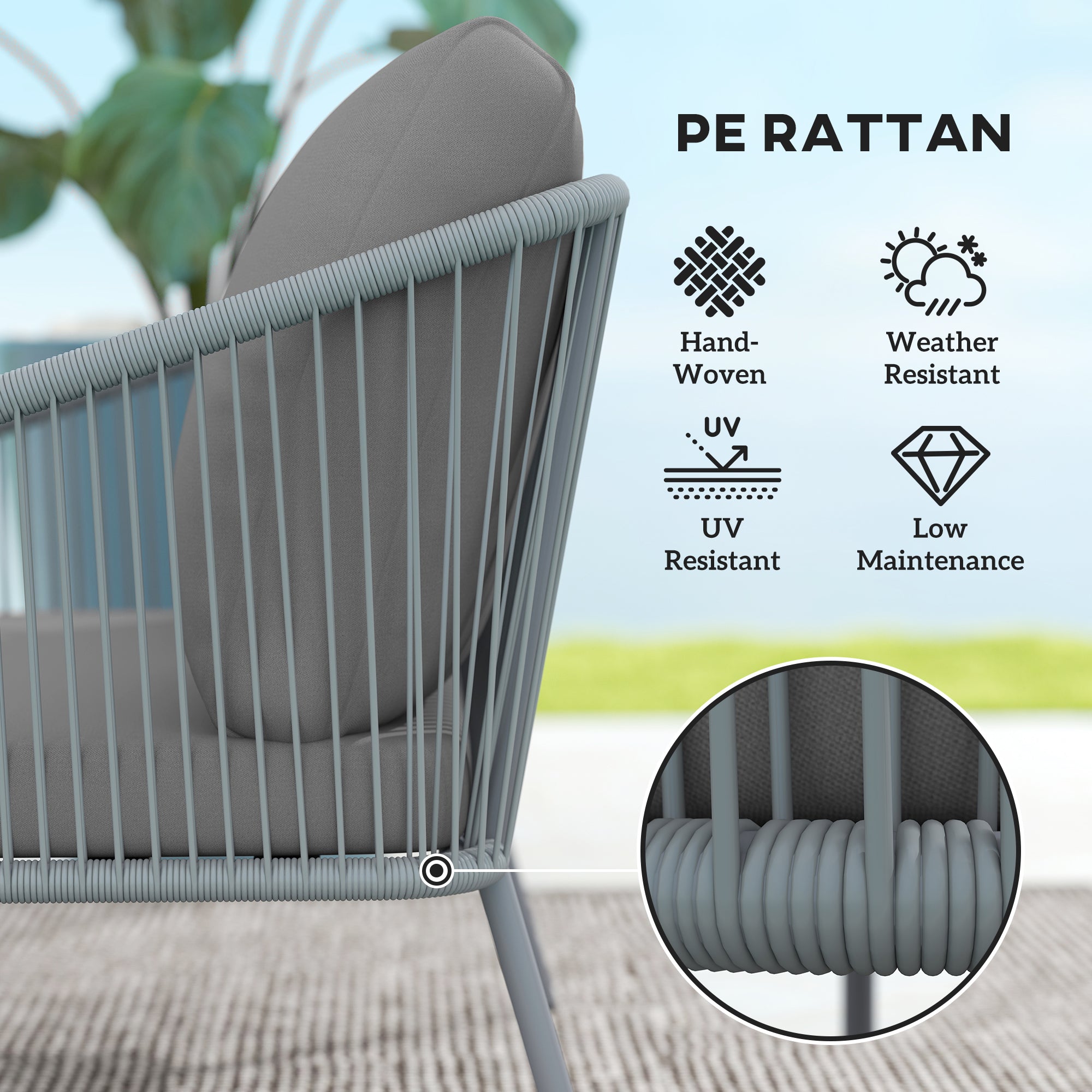 Garden Sofa with Cushions, 2-Seater Outdoor Balcony Rattan Sofa, 112 x 72 x 76 cm, Grey