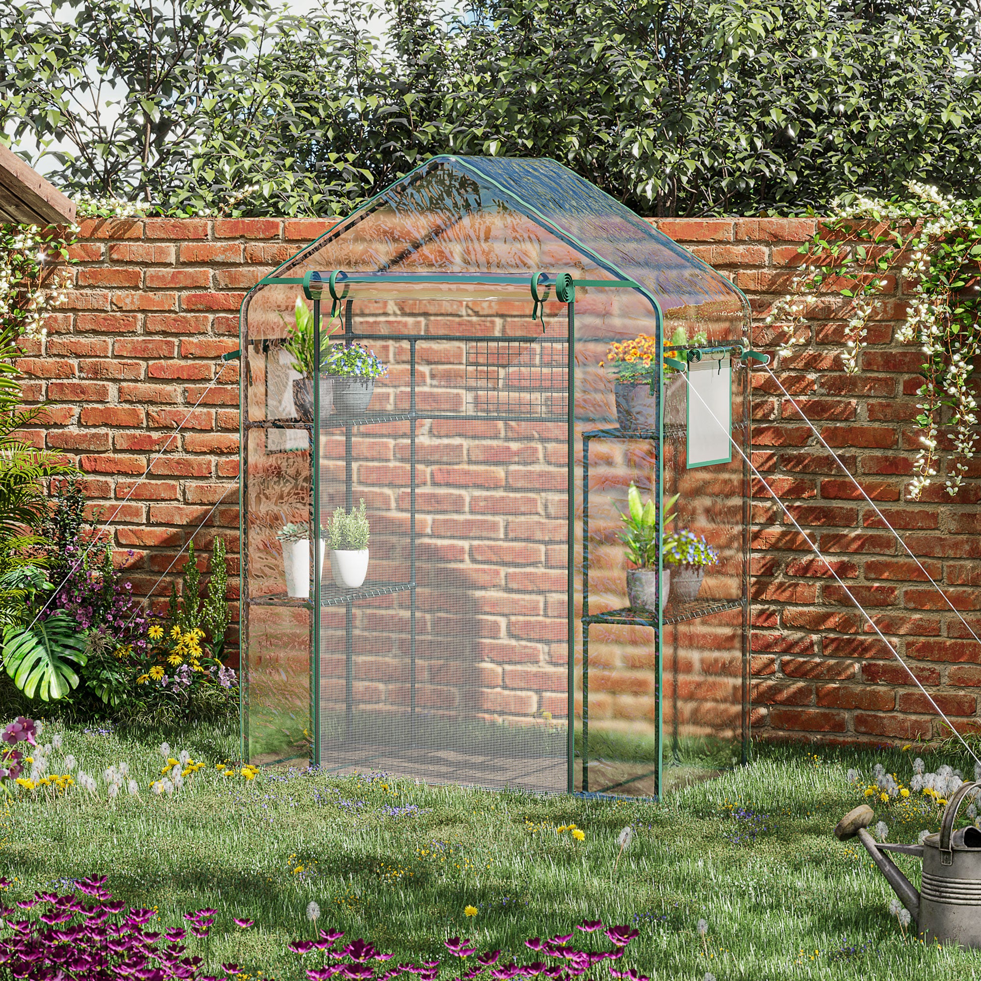 Walk-in Greenhouse with 4 Shelves, 56" x 29" x 77" Mini Greenhouse ,Roll-Up Door, Mesh Windows for Seedling, Flowers, Plant Growing, Clear