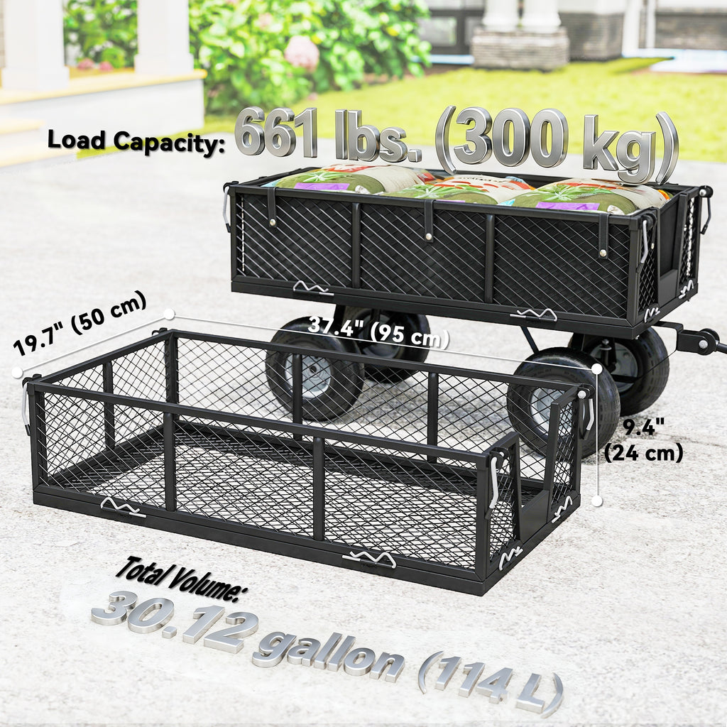 Steel Garden Cart, Utility Wagon Cart with Removable Liner, Quick-Release Sides, 10" Wheels, 660lbs Capacity