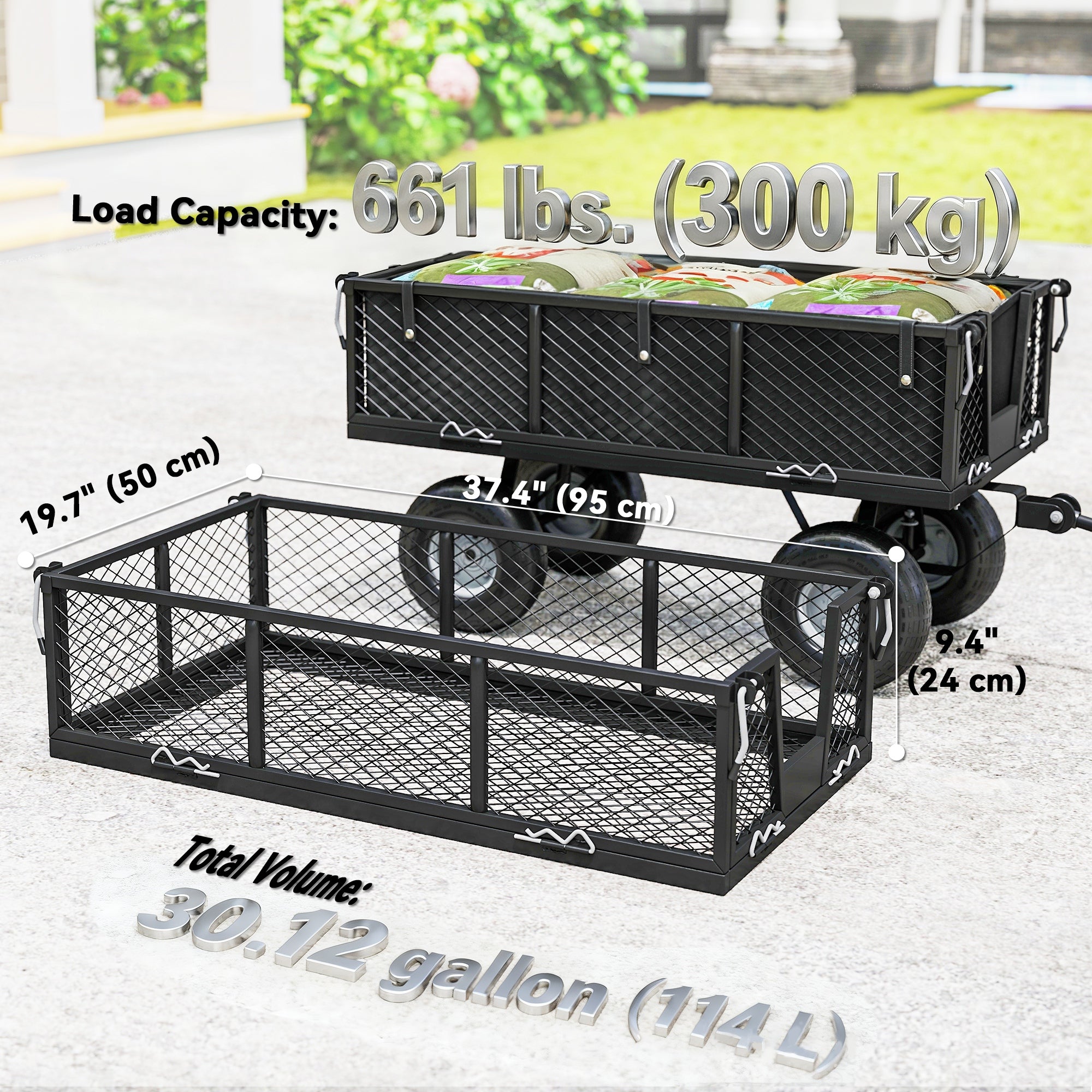 Steel Garden Cart, Utility Wagon Cart with Removable Liner, Quick-Release Sides, 10" Wheels, 660lbs Capacity