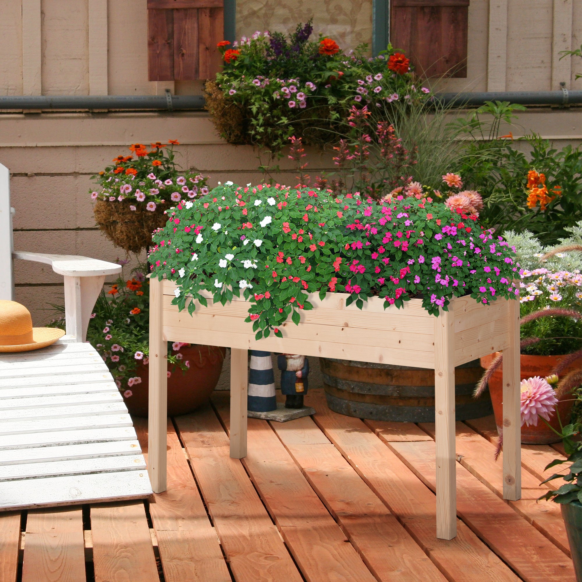48" x 22" x 30" Wooden Patio Raised Garden Bed Planter, Elevated Planter Box with Legs, Outdoor Flower Stand with Inner Bag, Natural Wood Colour