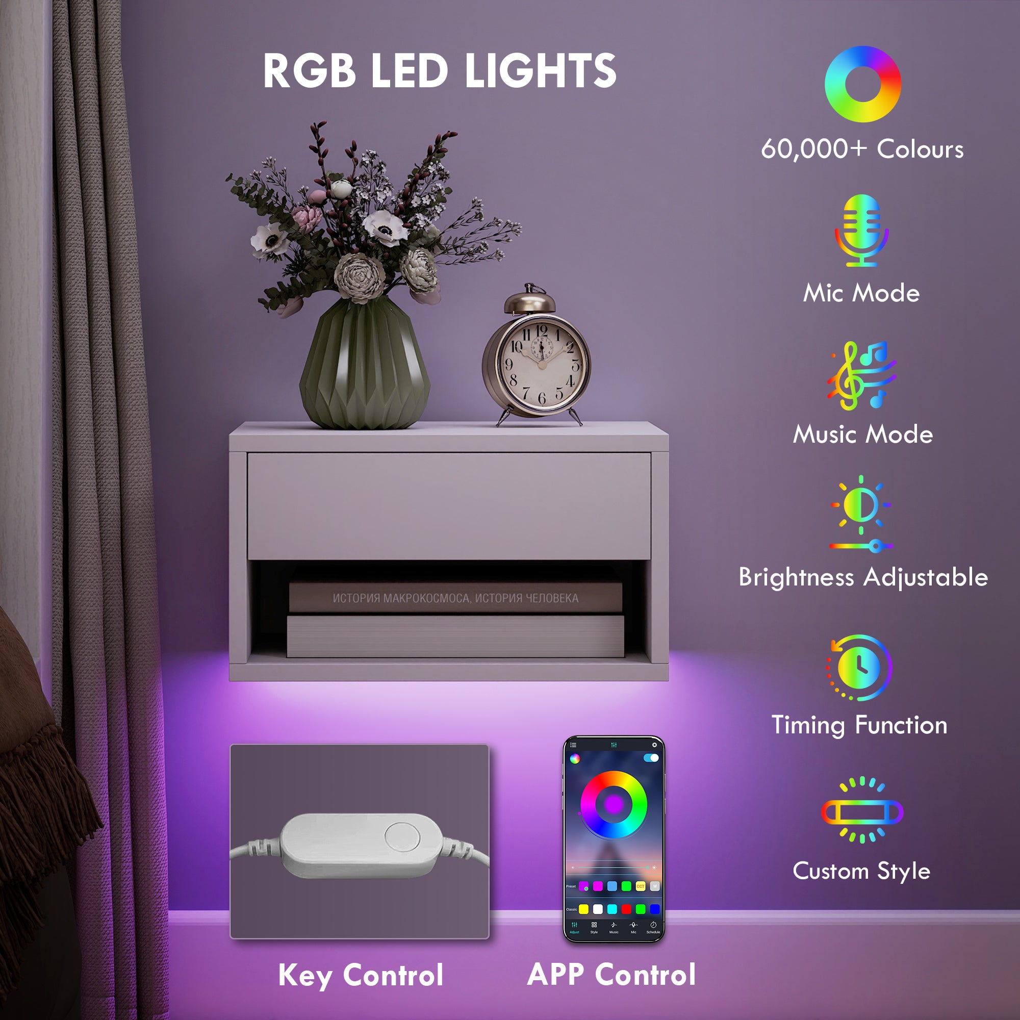 Floating Bedside Table Set of 2 with RGB LED Lights App Control
