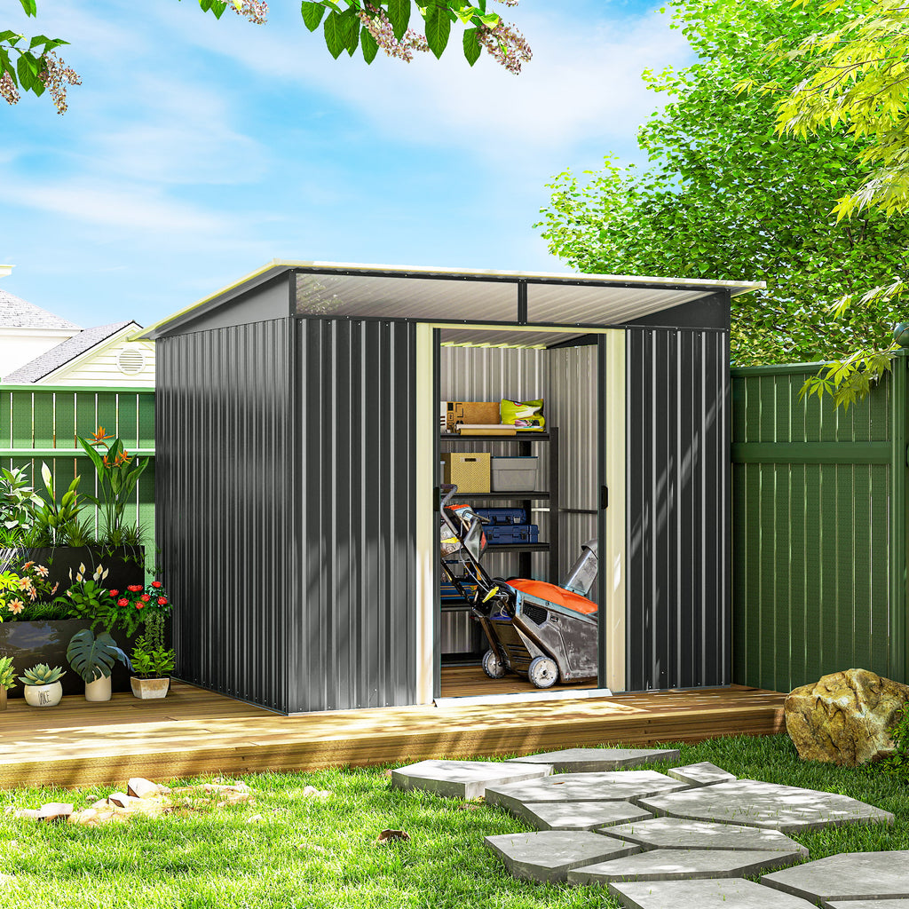 9' x 6.5' Outdoor Metal Garden Shed Utility Tool Storage Steel Backyard House, Dark Grey