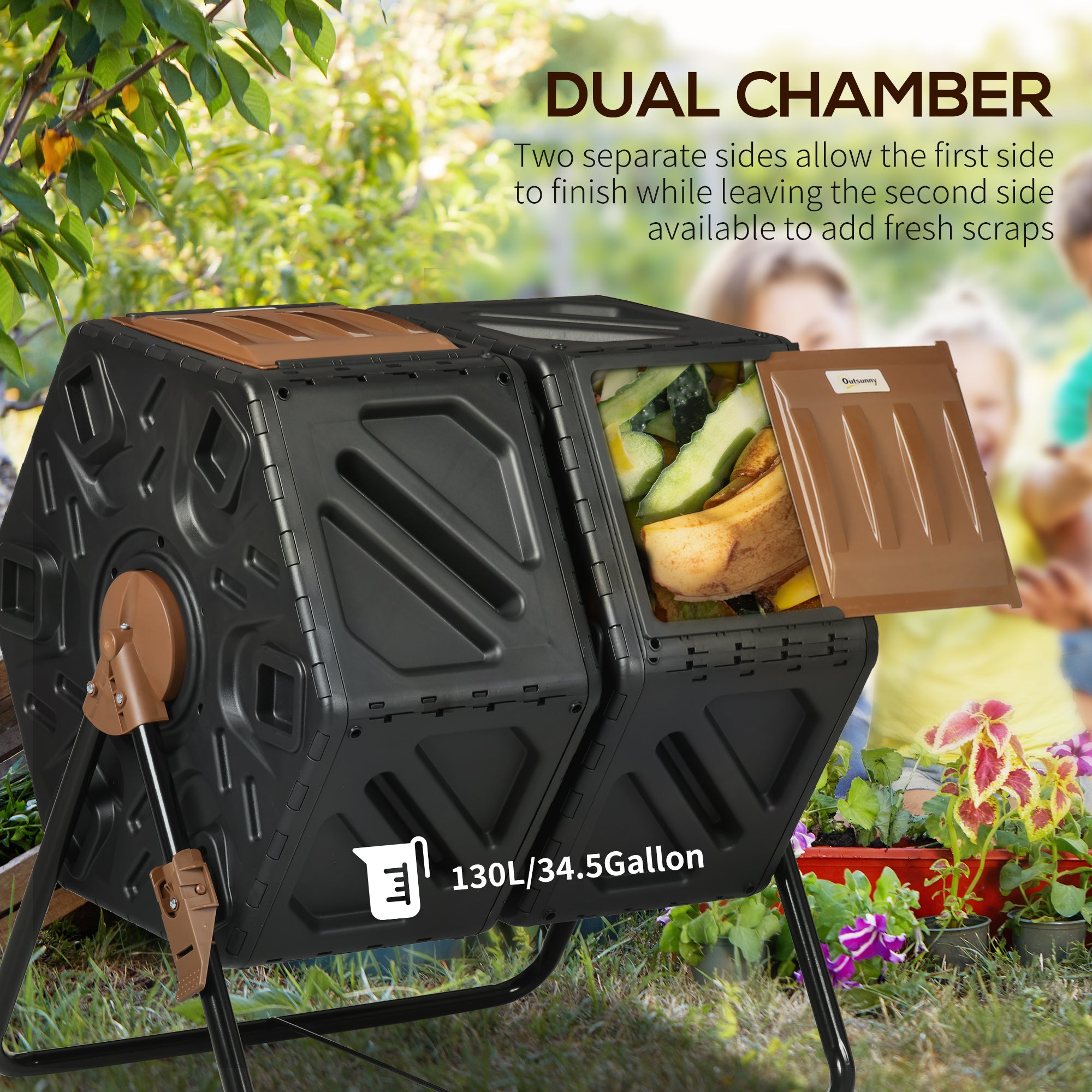 Rotating Composter, Dual Chamber Compost Bin with 24 Vents and Steel Legs, 34.5 Gallon, Brown