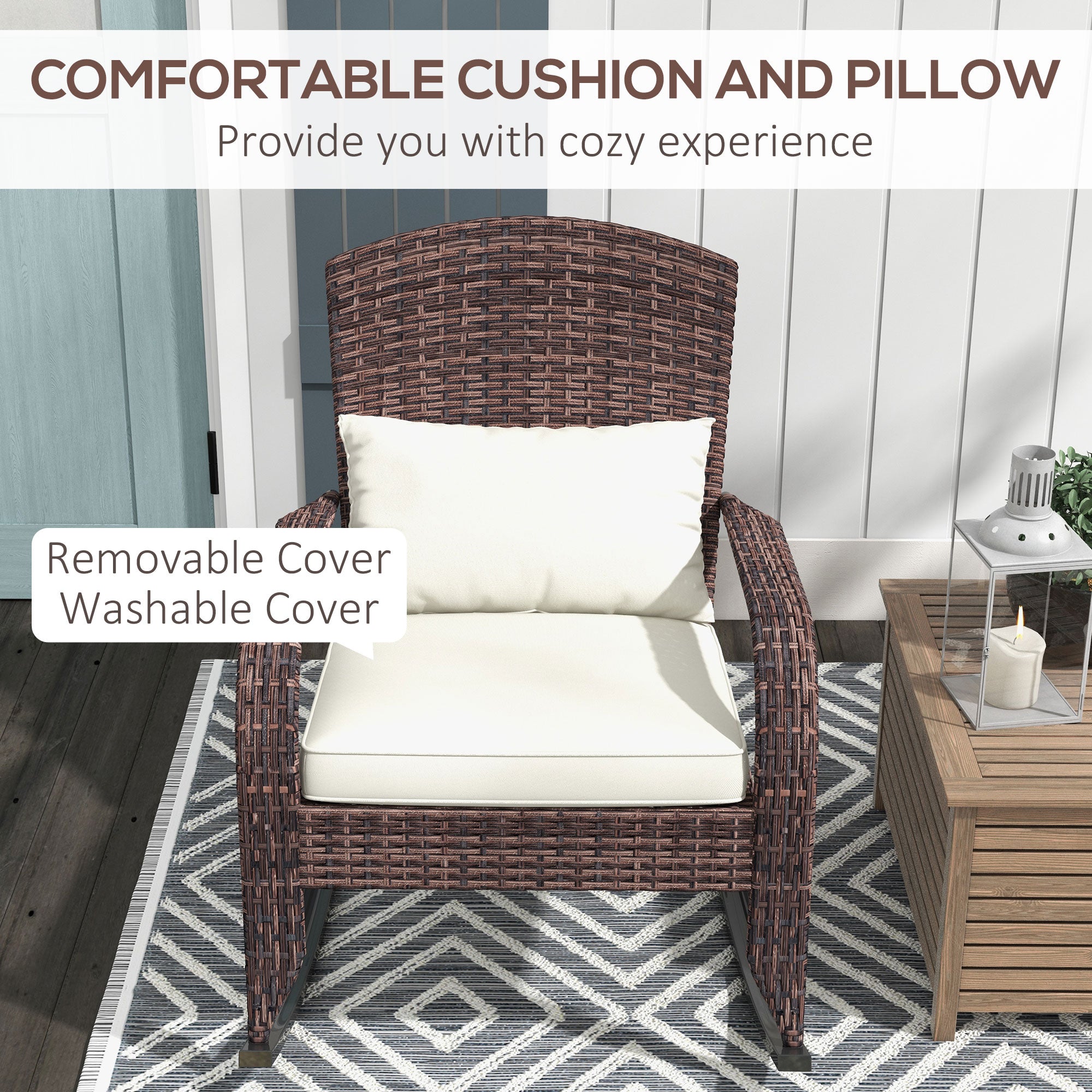 Adirondack Chair, Outdoor Wicker Rocking Chair with High Back, Seat Cushion and Pillow for Porch, Balcony, Cream/Brown