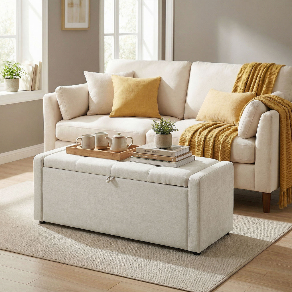 Storage Ottoman Bench, Linen-Look Fabric Upholstered Ottoman with Storage, Wide Padded Seat, Cream White