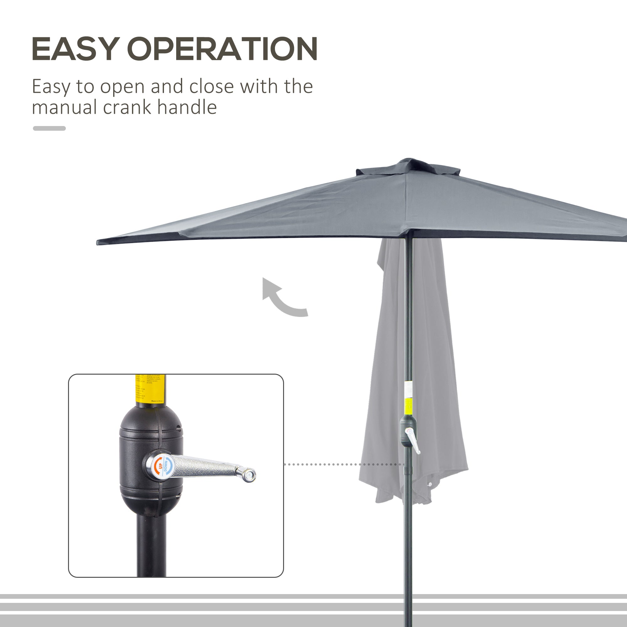 9ft Half Round Patio Umbrella, Outdoor Market Patio Table Umbrella Parasol with Crank Mechanism, 5 Ribs, Grey