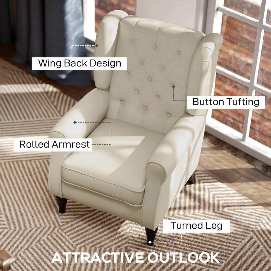 Fabric Accent Chair, Button Tufted Armchair, Upholstered Modern Living Room Chair, Wingback Chair with Wood Legs, Rolled Arms, Thick Padding for Bedroom, White