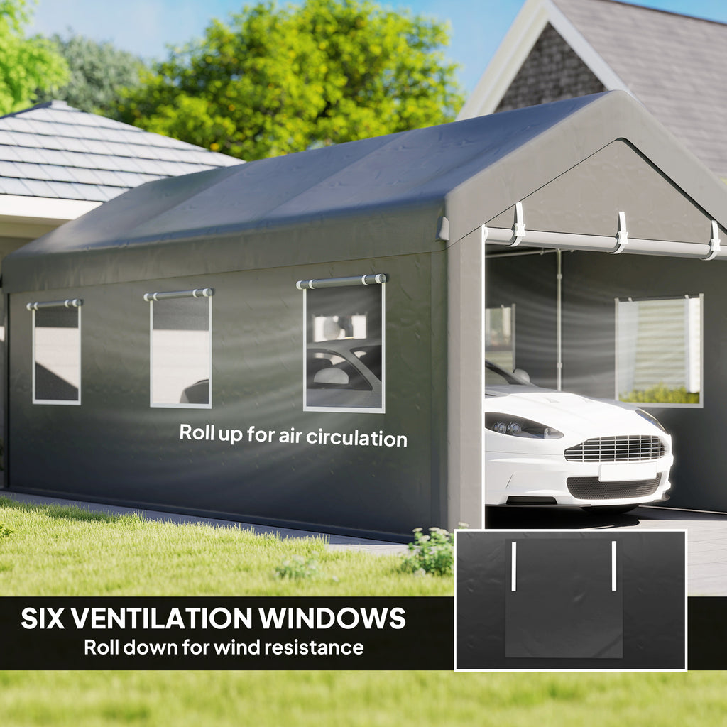 10' x 20' Carport, Heavy Duty Portable Garage with 6 Mesh Windows and 2 Doors, Dark Grey